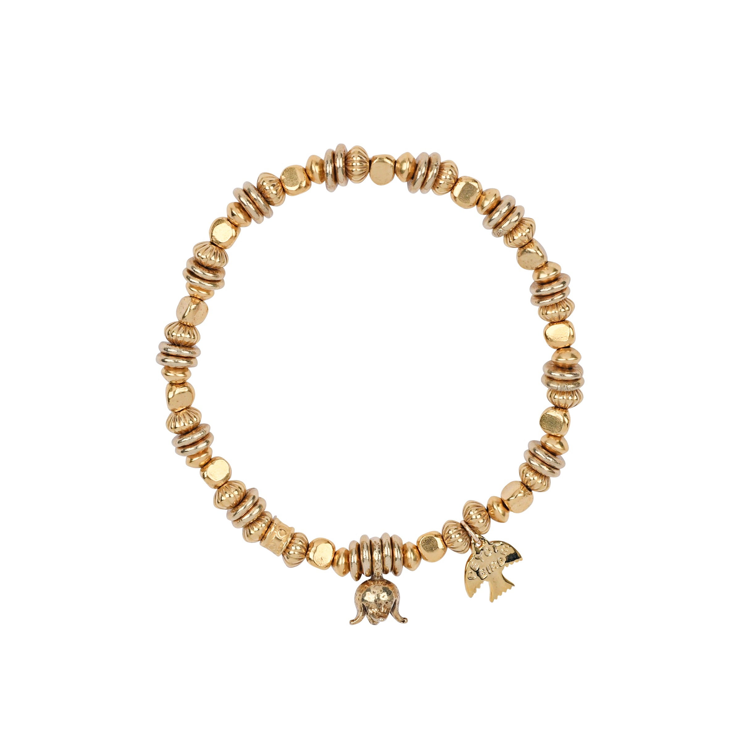 A beaded stretch bracelet strung with 14k Gold Plate beading with stamped detailing, topped with a small gold plated floral blossom.