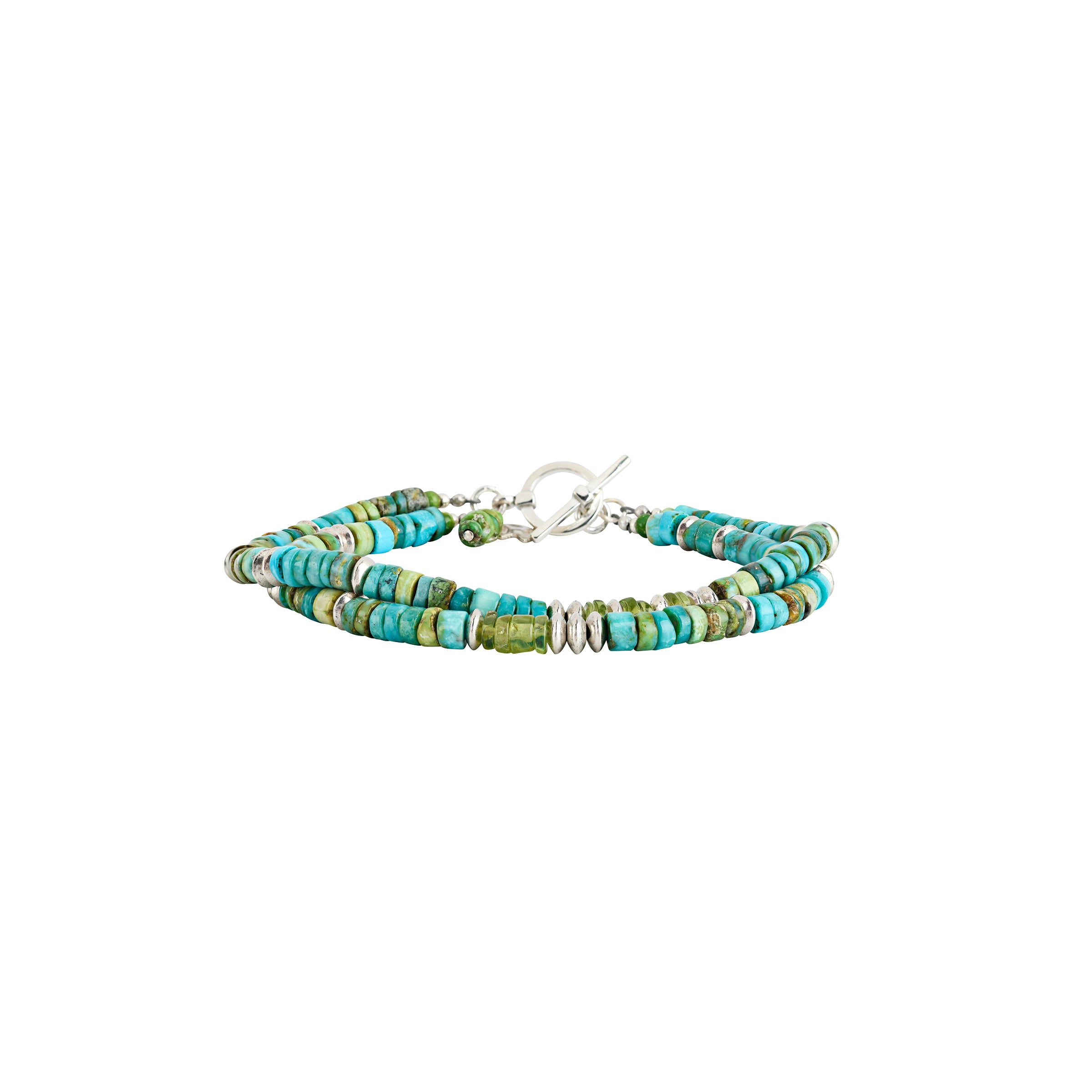 Two strand turquoise bracelet with sterling silver toggle and bead accents side view. 