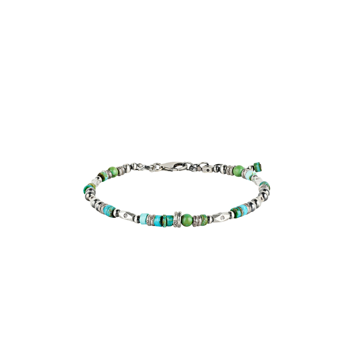 Beaded bracelet with blue and green turquoise beads and sterling silver beads with a silver lobster closure.