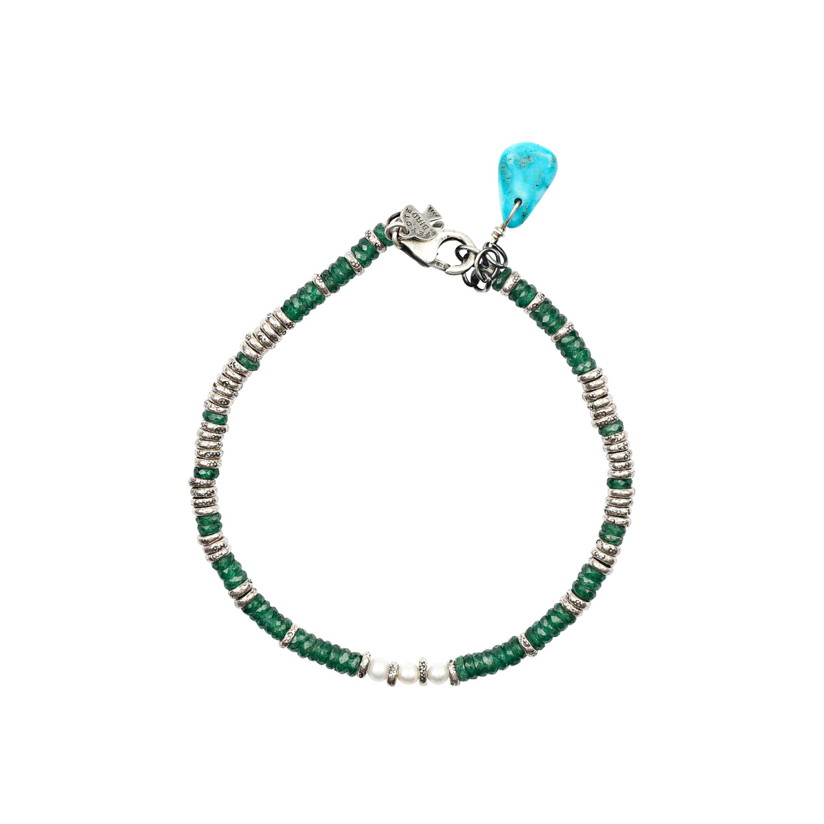 Beaded bracelet with green, sterling silver, and pearl beads and a blue turquoise teardrop-shaped charm and a lobster closure.