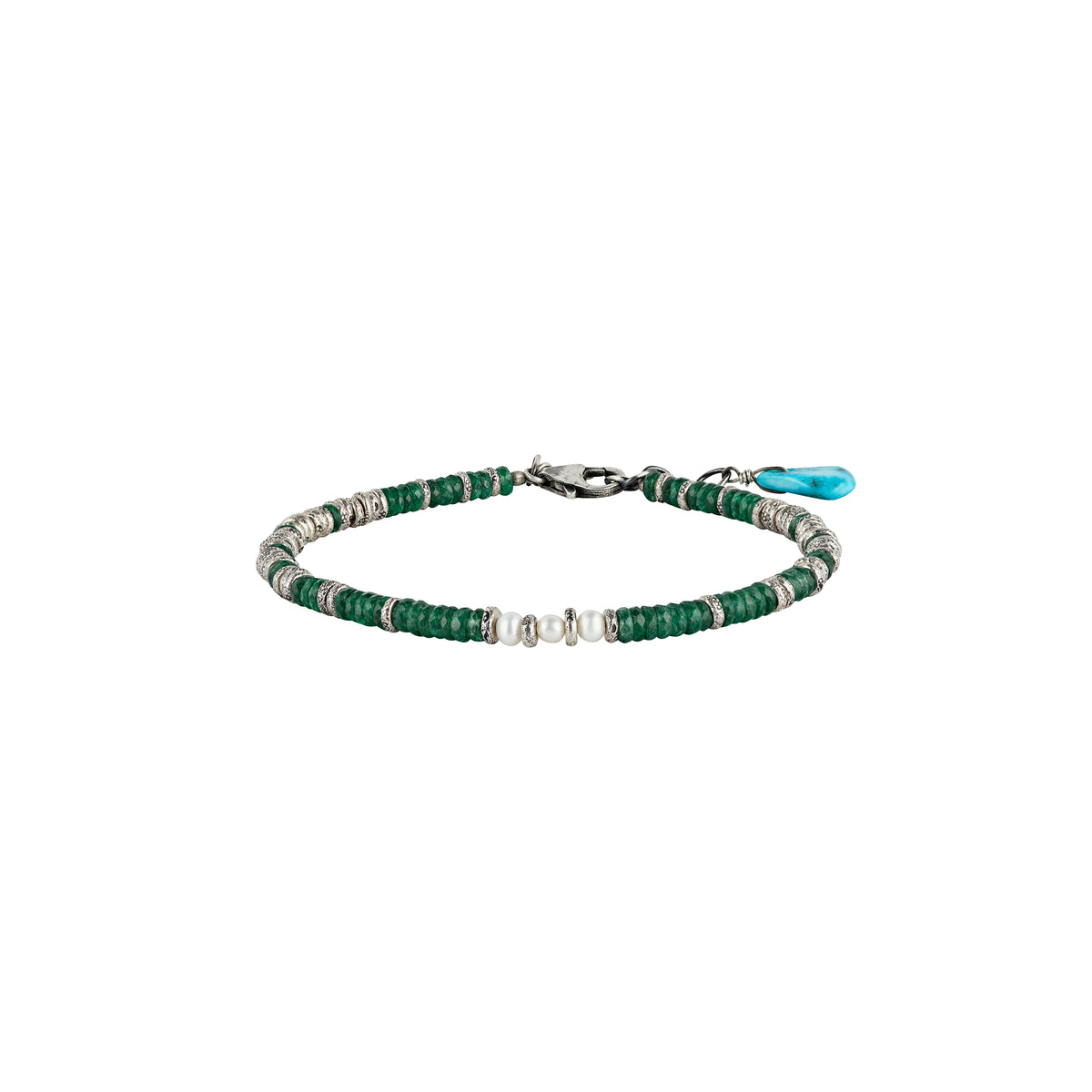 Beaded bracelet with green, sterling silver, and pearl beads and a blue turquoise teardrop-shaped charm and a lobster closure.