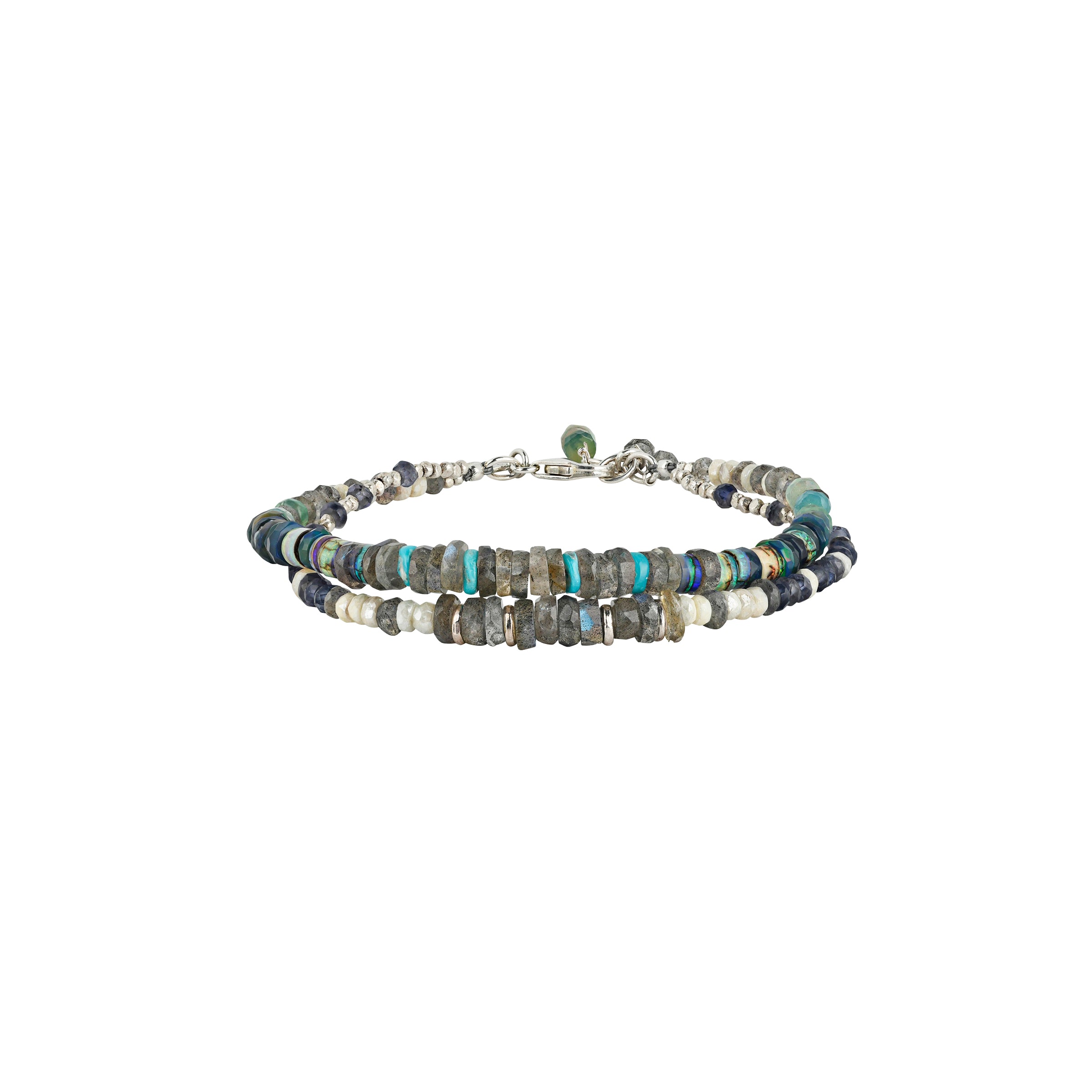 Side view of a sterling silver bracelet featuring Ethiopian opal, iolite, turquoise heishi, and labradorite