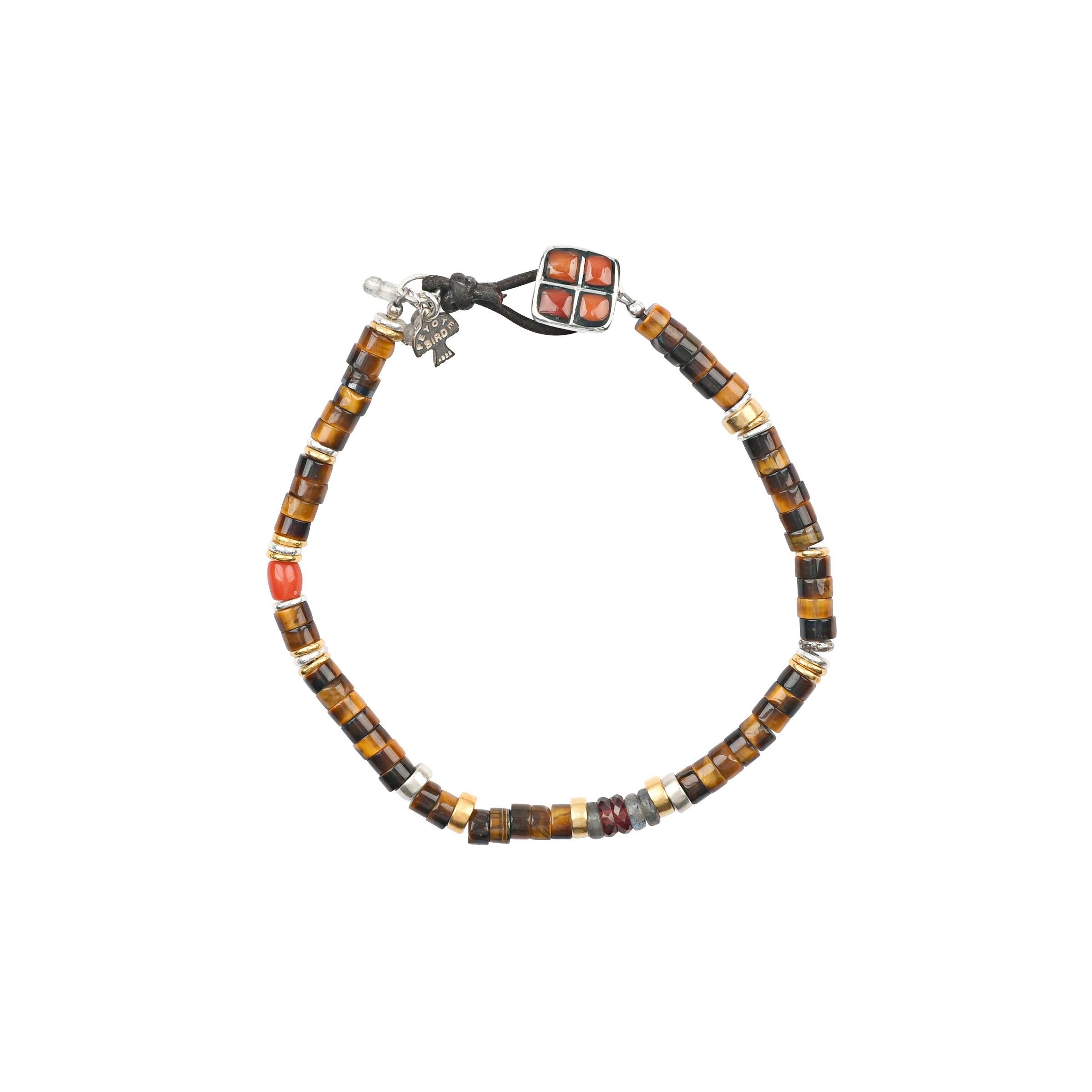 Handcrafted Cimarron men's bracelet featuring tiger's eye and coral beads with sterling silver and gold plated accents
