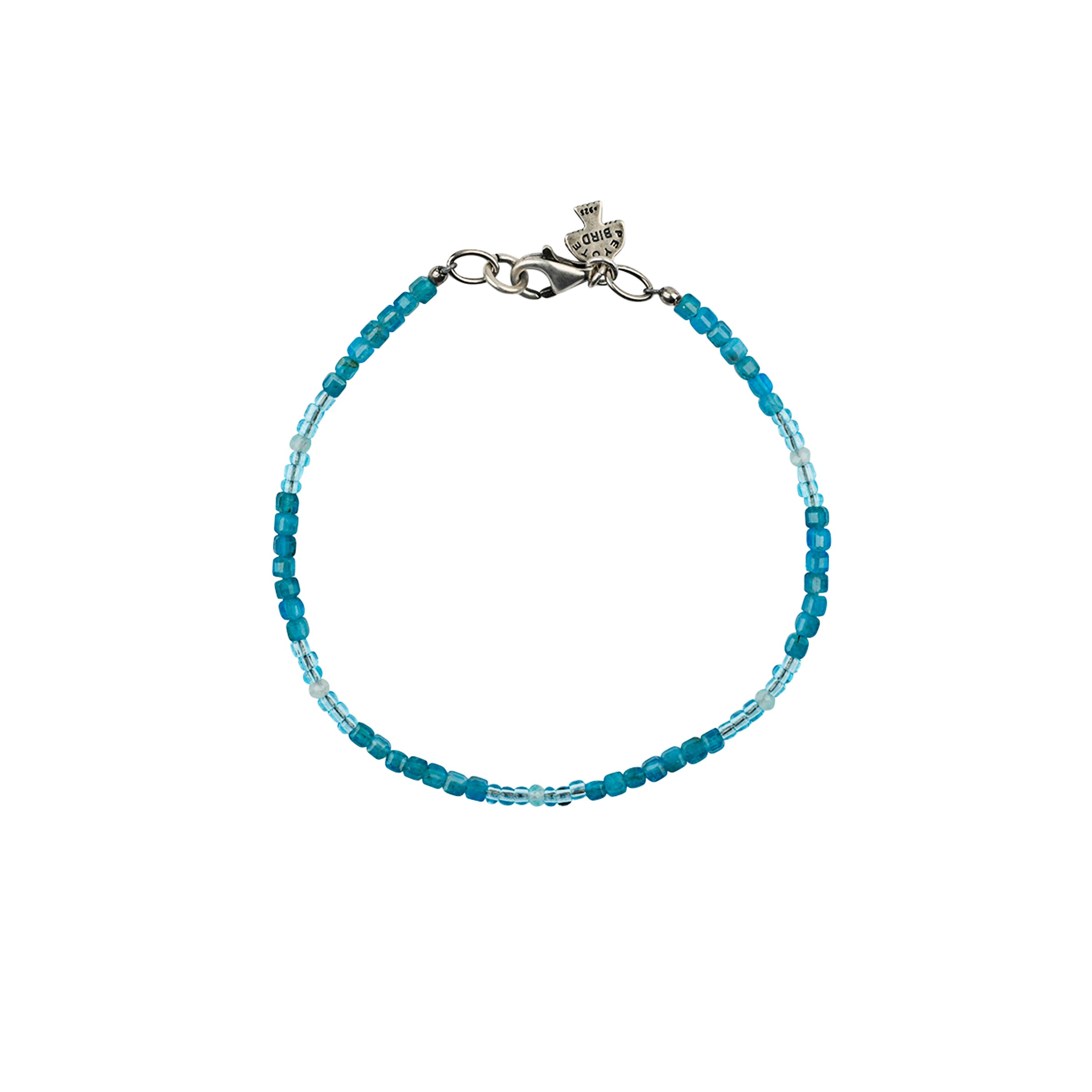 Beaded bracelet in blue hues with sterling silver lobster claw closure. 