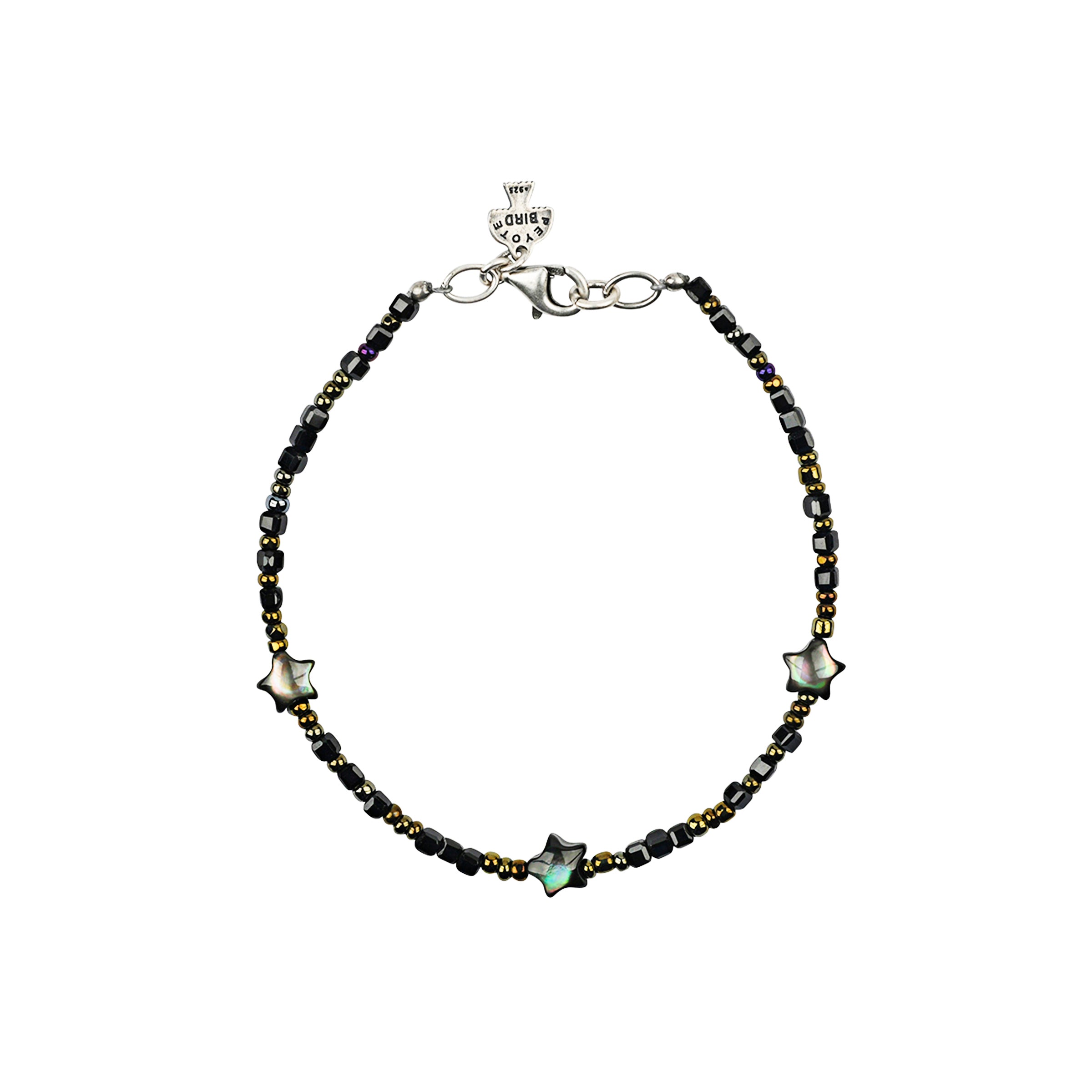Black tone bracelet ith 3 beads of stars mixed in with sterling silver lobster claw clasp. 