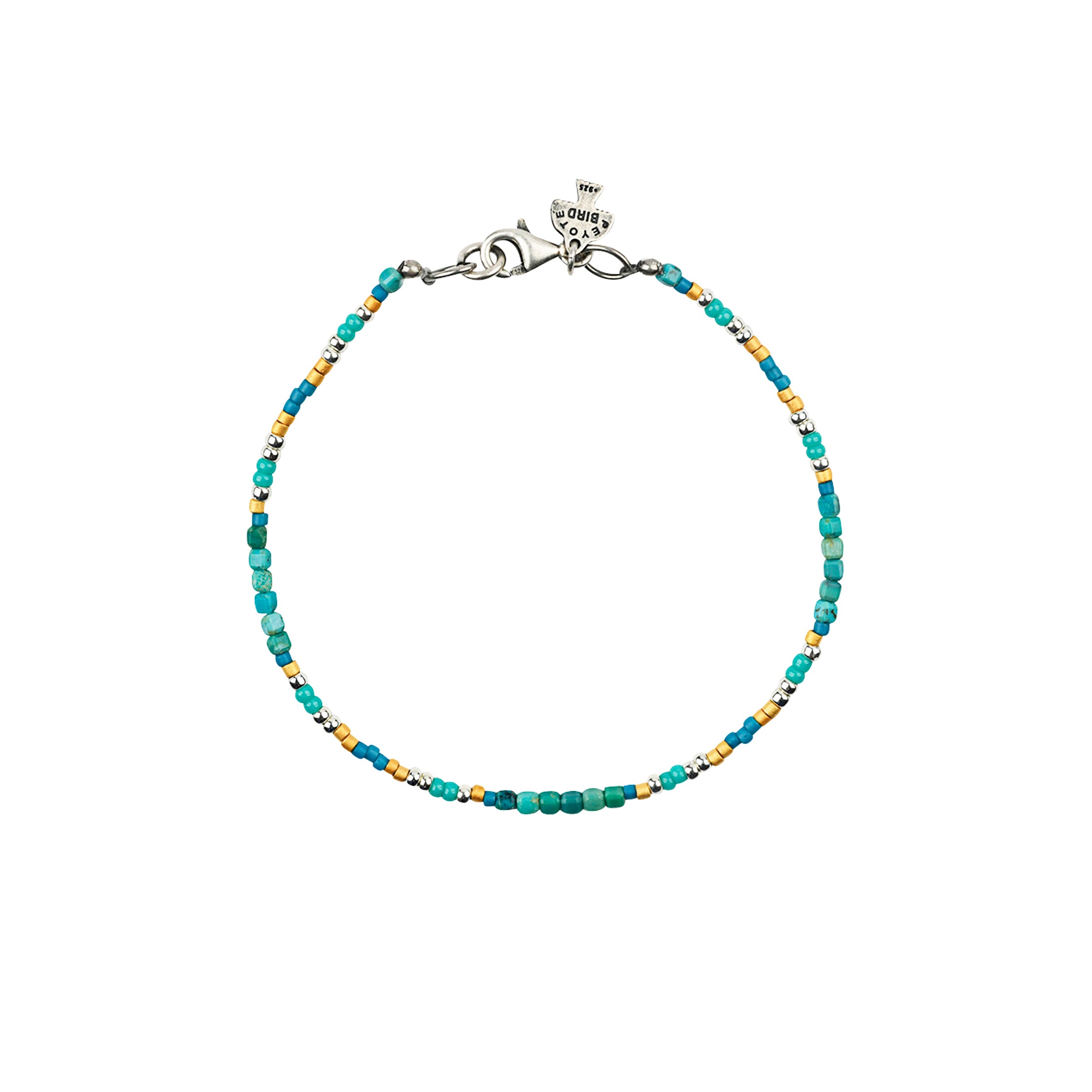 Turquoise beads mixed with gold and silver beads with sterling silver lobster claw closure. 