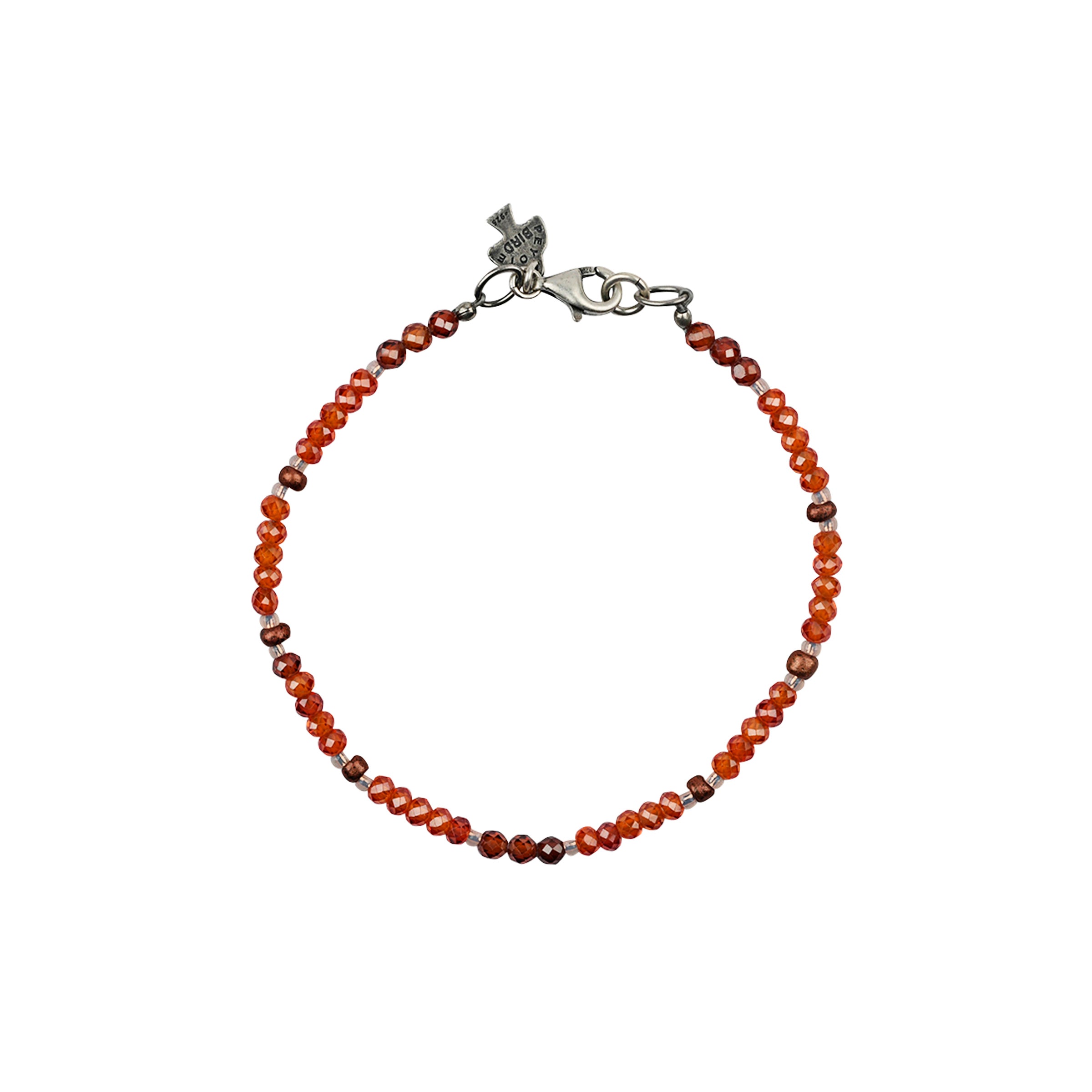 Beaded bracelet in orange hues with sterling silver lobster claw clasp. 