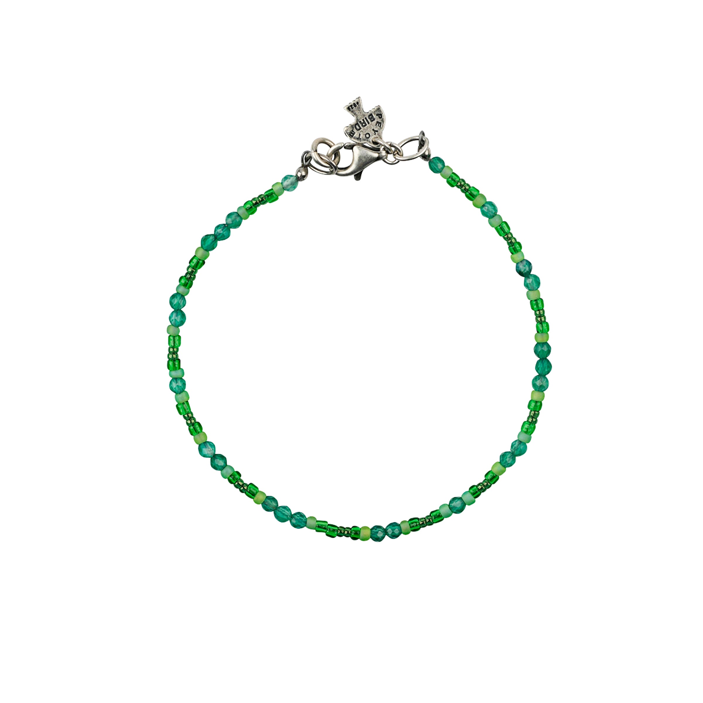 Beaded bracelet in green hues with sterling silver lobster claw clasp. 
