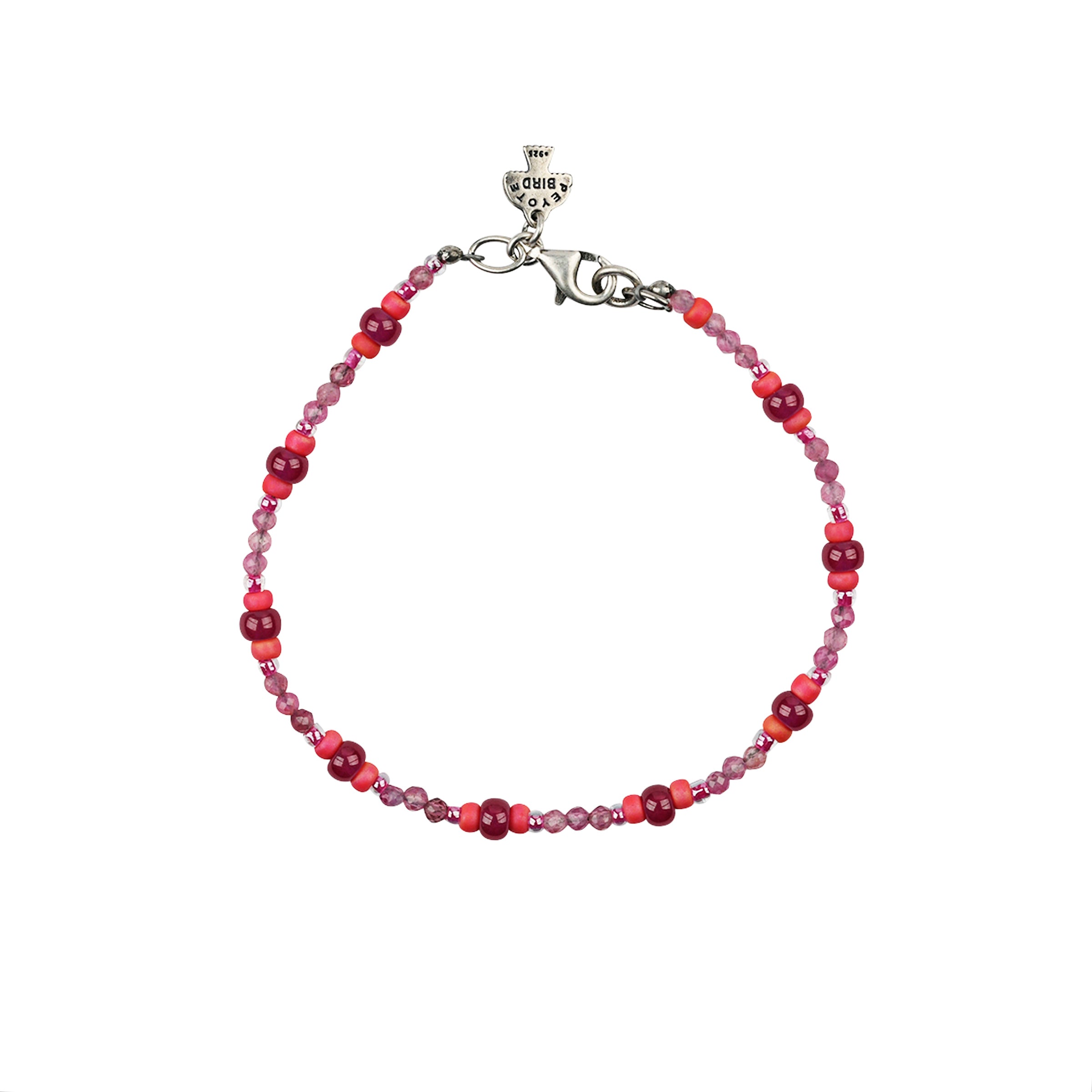 Pink and ruby beaded bracelet with sterling silver lobster claw clasp. 