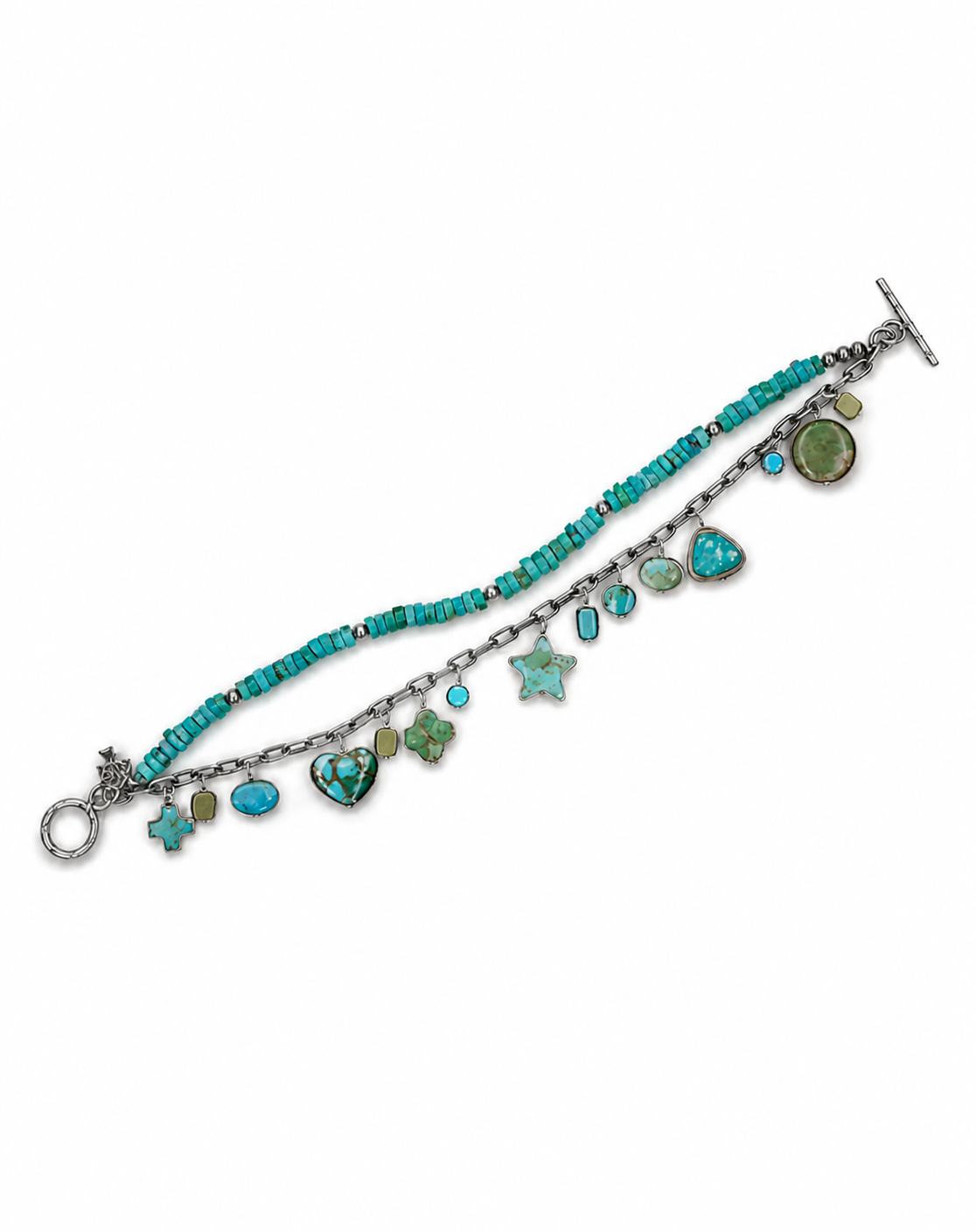 Turquoise bead and charm bracelet on sterling silver closure 