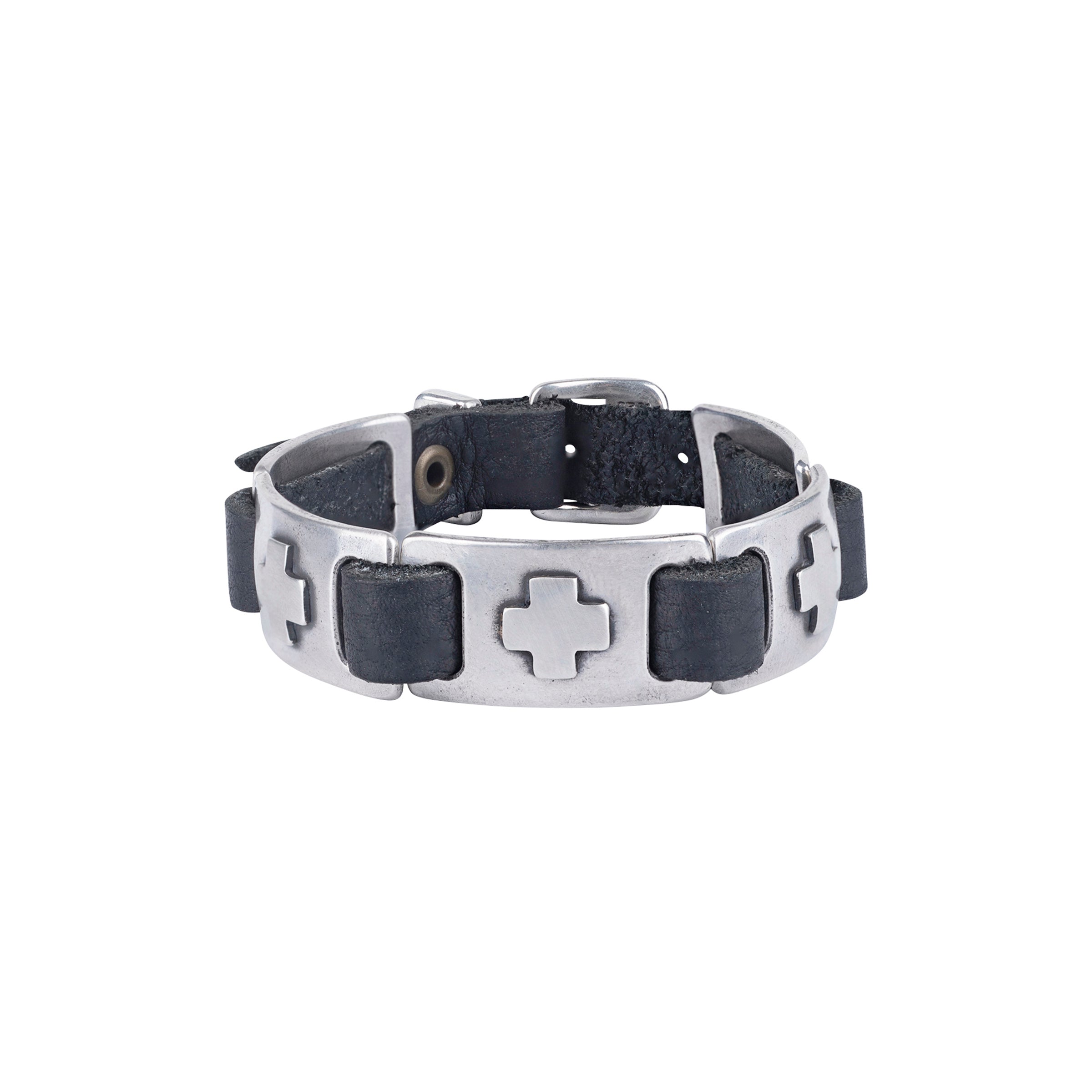 Natural black or brown leather bracelet with sterling silver domed rectangular conchos from American artist Dennis Hogan.