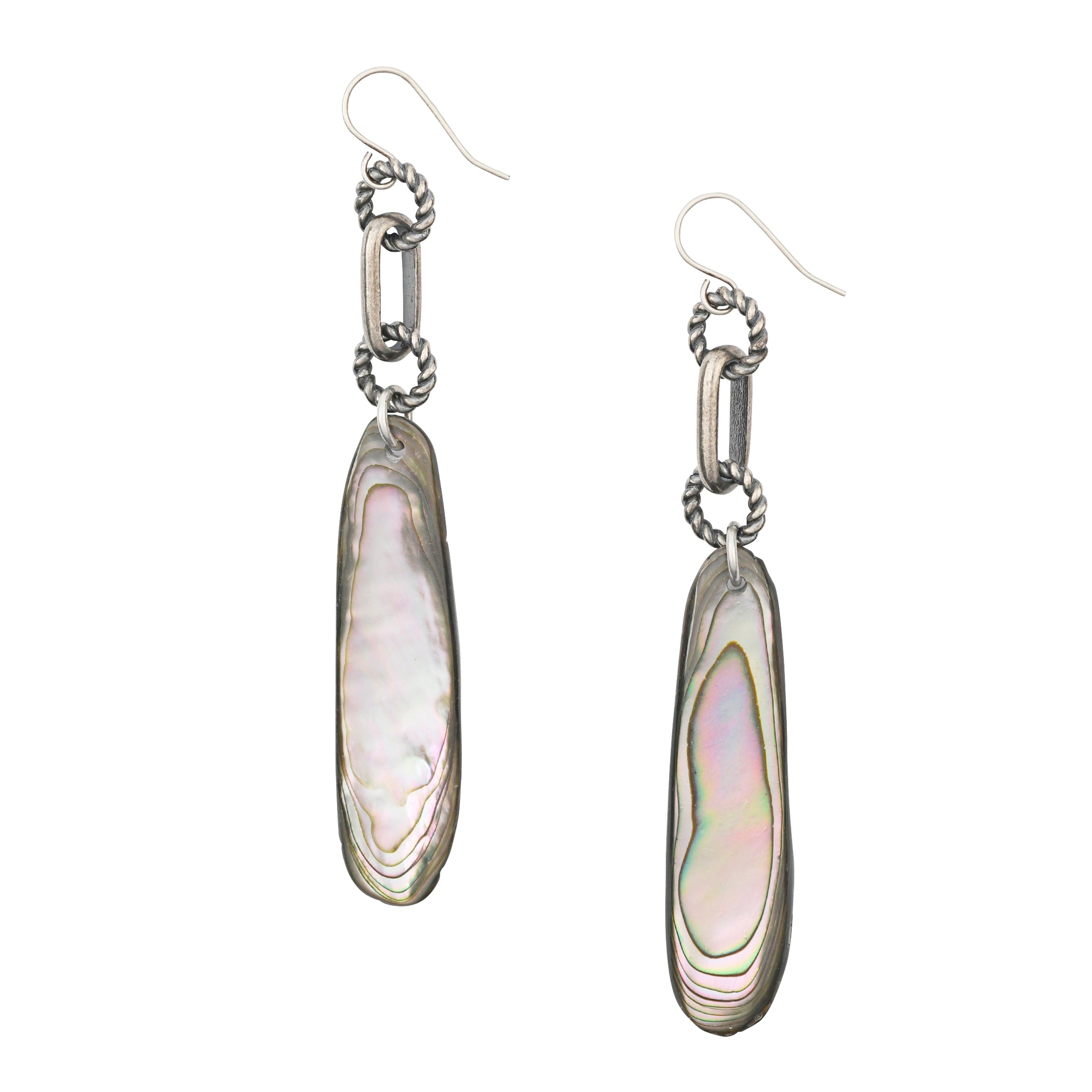 Sterling silver ear wires suspend large textured circular and oval chain over Abalone oval stone earrings. 