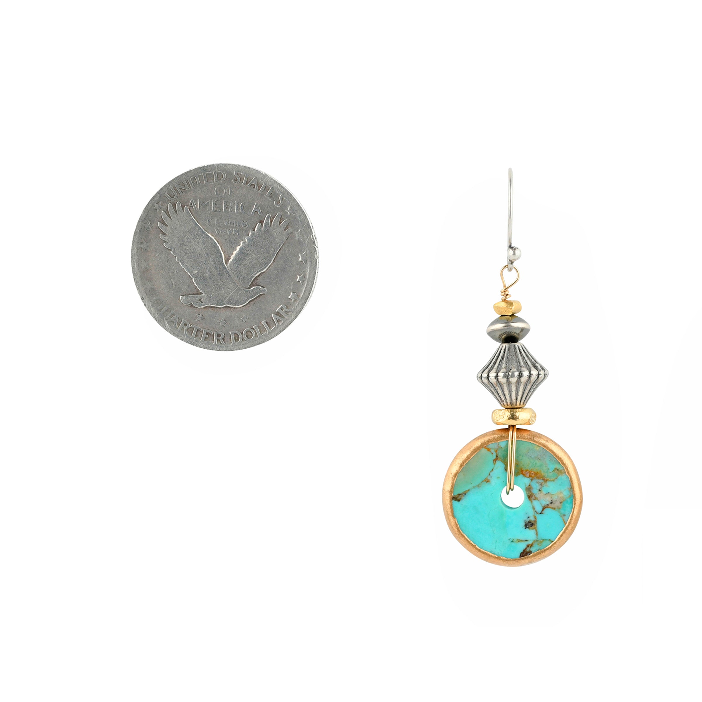 A little twist on the classic Turquoise Disc Earrings, the Turquoise Tide Earrings are adorned with 14k Gold Plated stamped Thai beading accompanied with a decorative addition of Desert Pearl Saucers and a simple stamped Sterling Silver bead.&nbsp;
