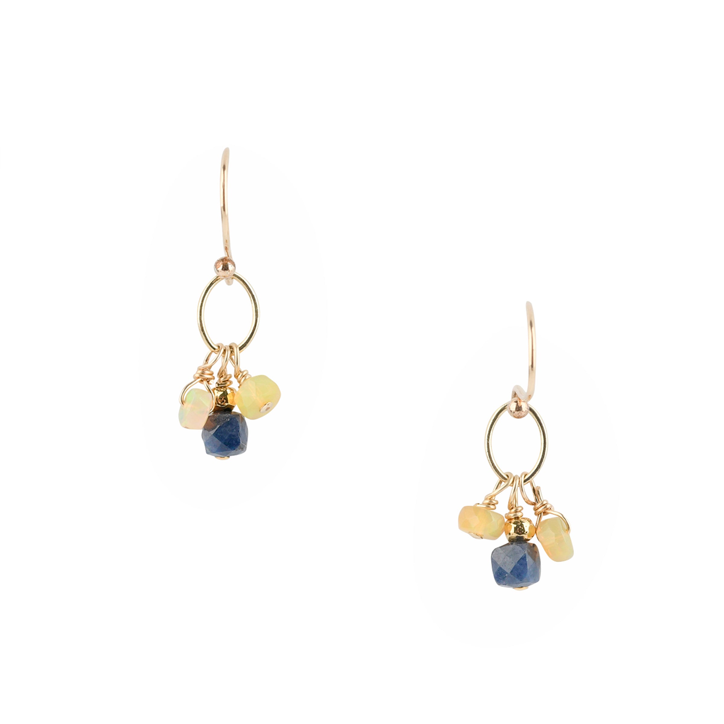 A pair of 14k Gold Plate Earrings featuring charms of Lapis Lazuli and Ethiopian Opal beading