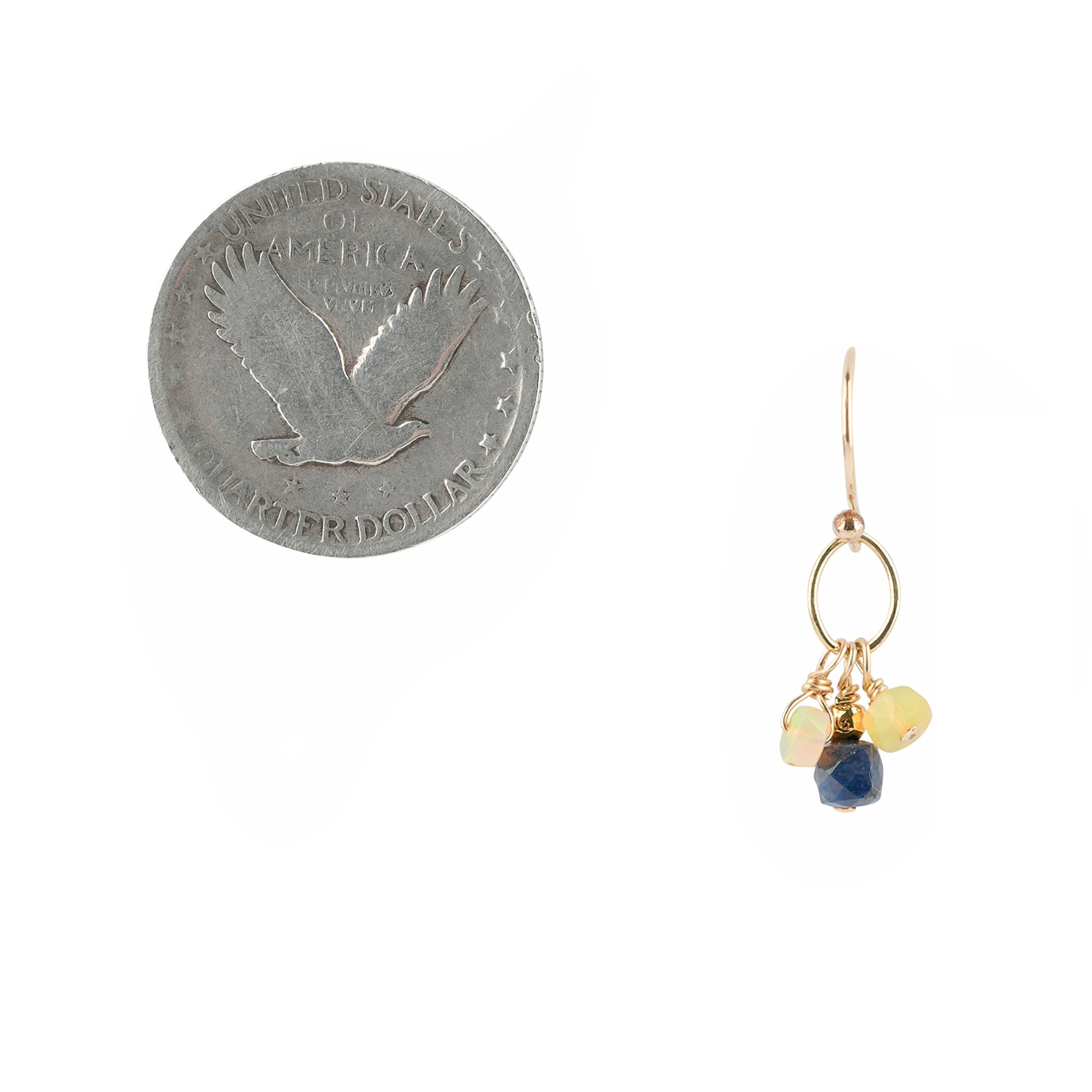 A pair of 14k Gold Plate Earrings featuring charms of Lapis Lazuli and Ethiopian Opal beading