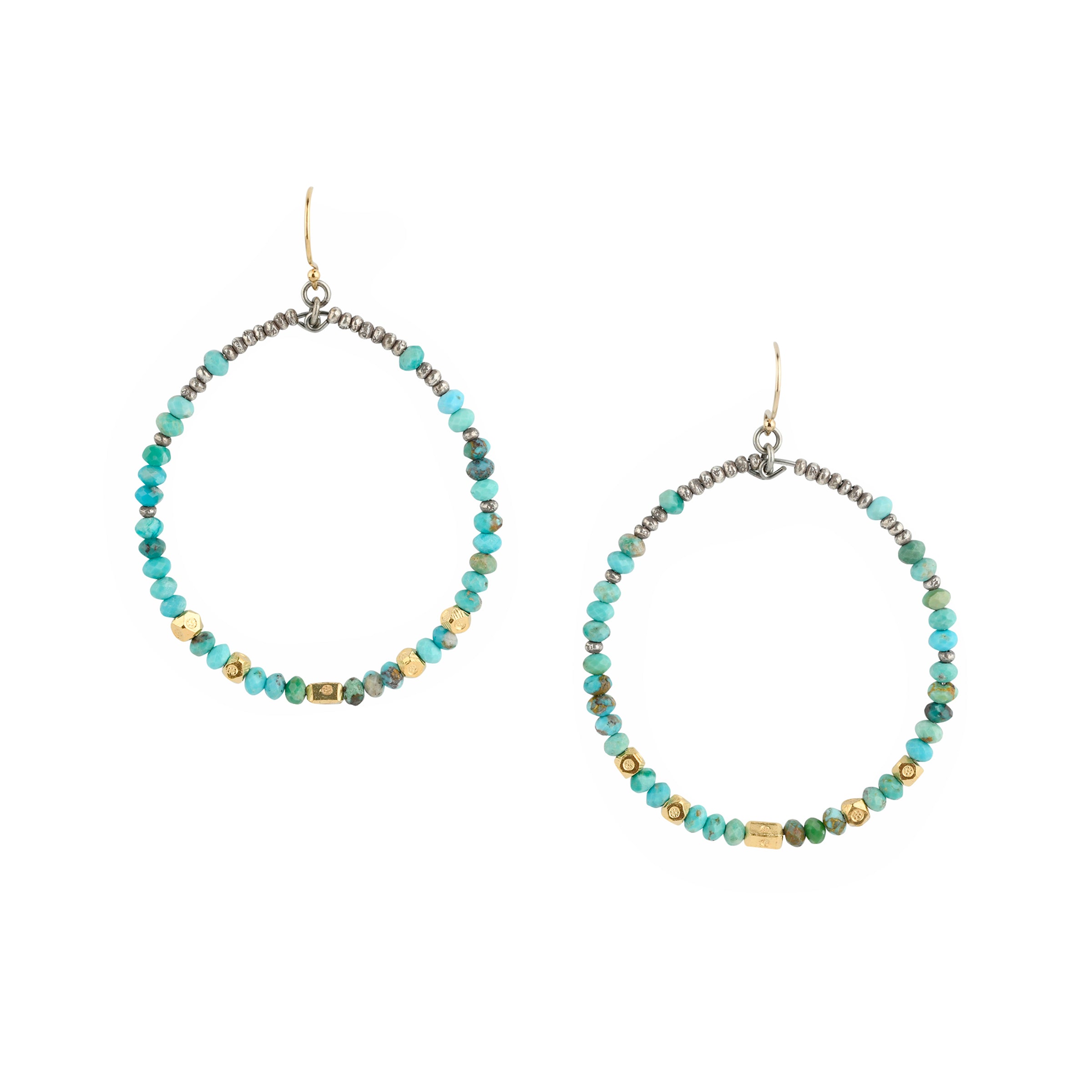 A pair of beaded hoops strung with faceted Blue and Green Turquoise, 14k gold stamped beading, and tiny Thai Sterling Silver beading on 14k Gold Plated ear wires