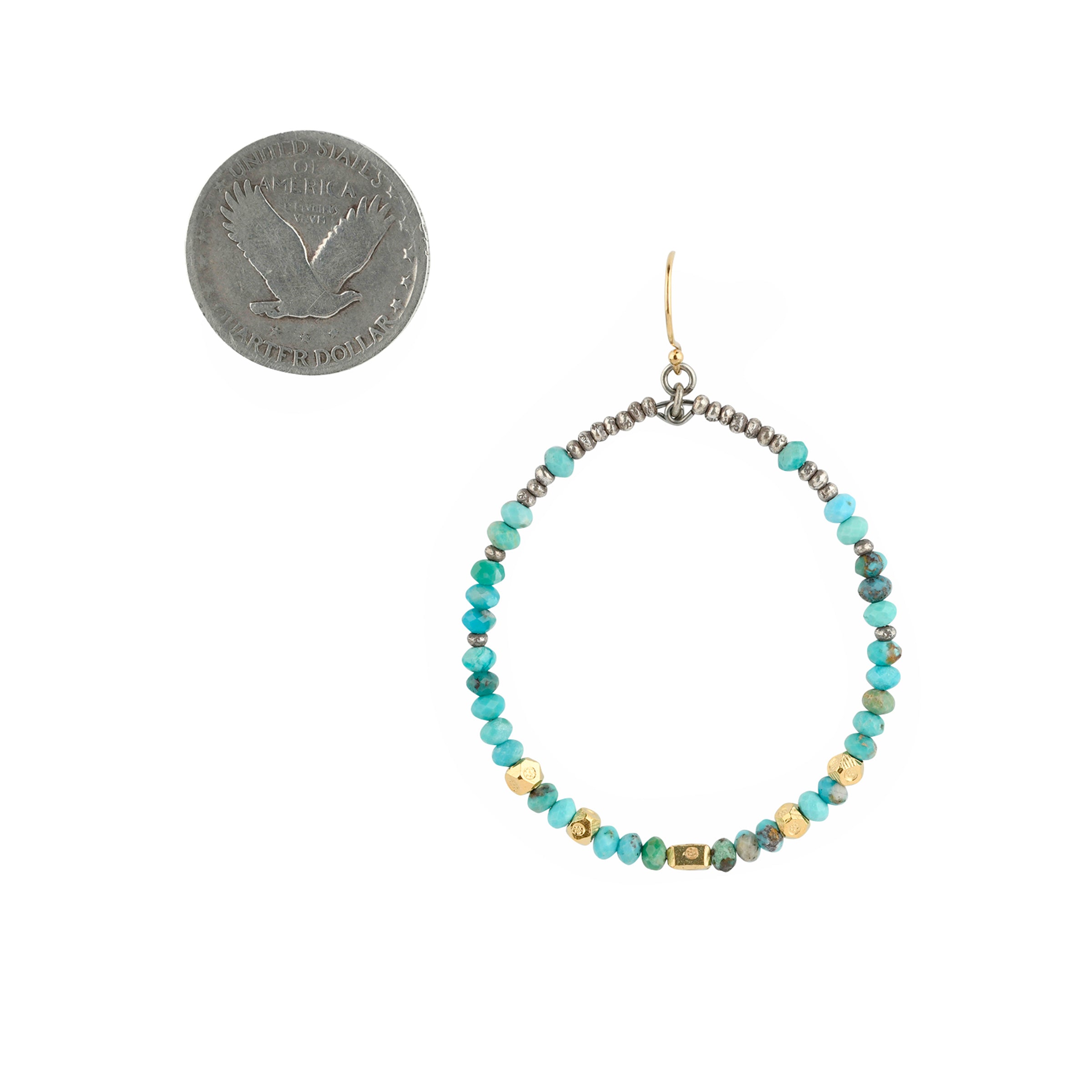 A pair of beaded hoops strung with faceted Blue and Green Turquoise, 14k gold stamped beading, and tiny Thai Sterling Silver beading on 14k Gold Plated ear wires