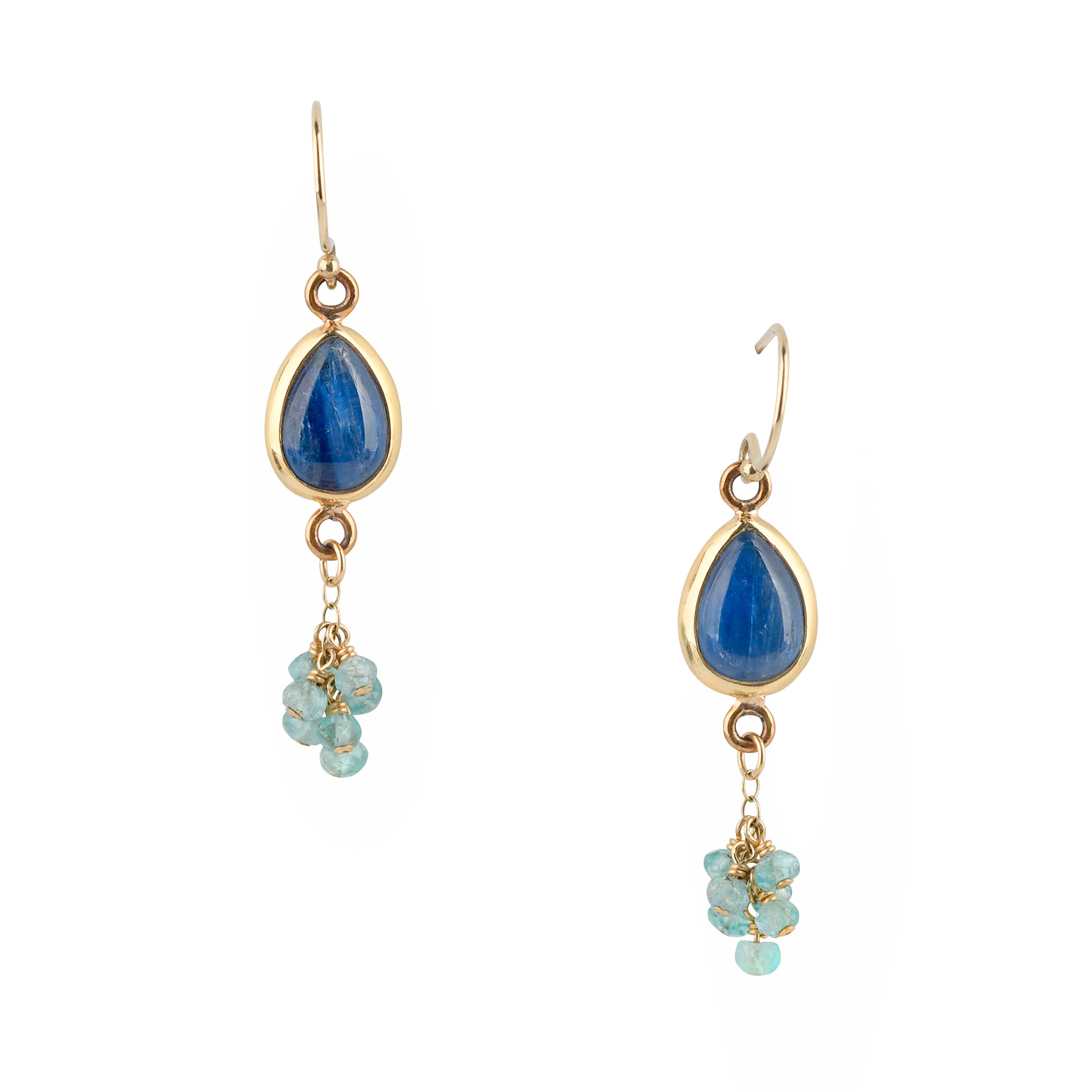 A beautiful pair of earrings made with teardrops of inlayed Kyanite in 14k Gold Plate and finished with charms of Aquamarine beading