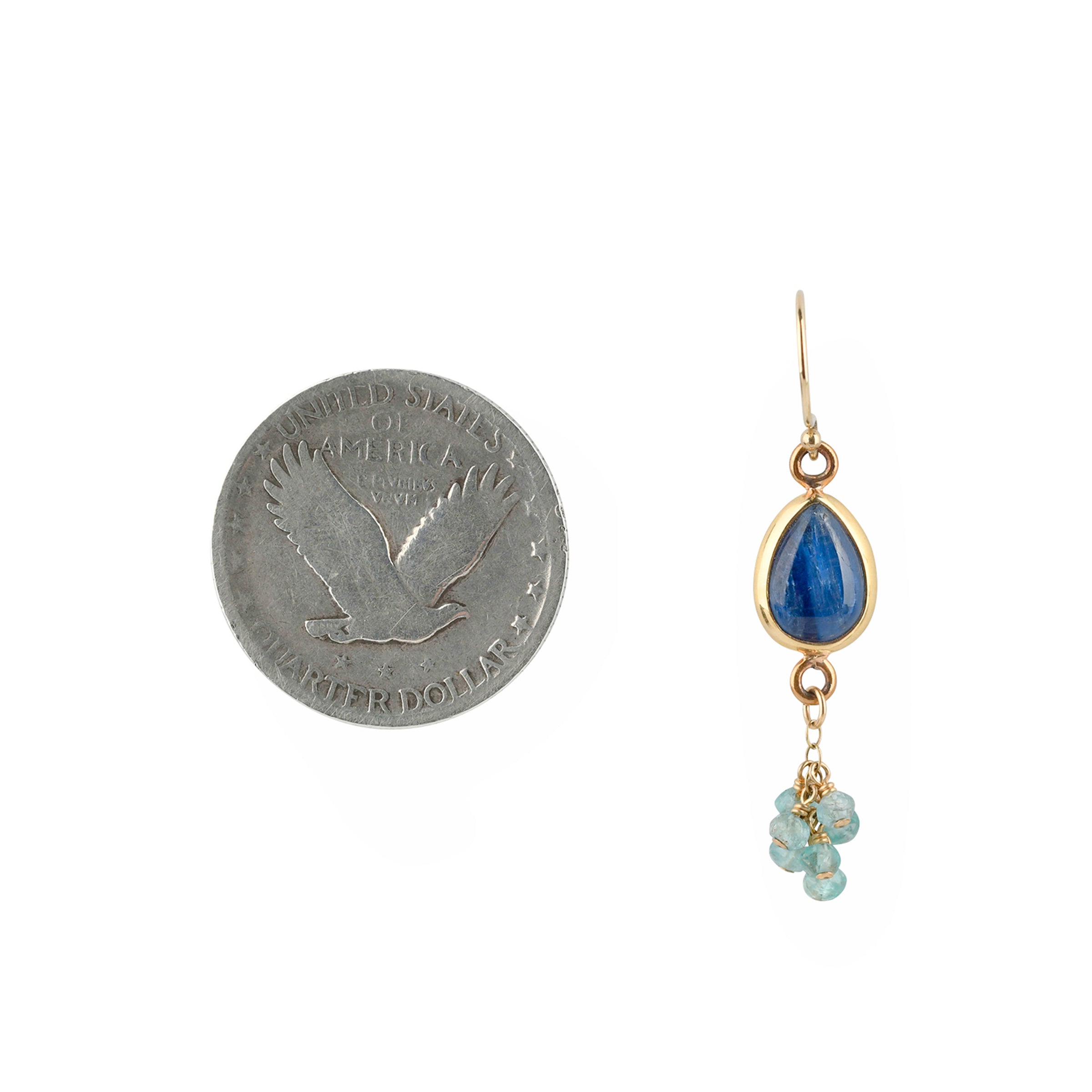 A beautiful pair of earrings made with teardrops of inlayed Kyanite in 14k Gold Plate and finished with charms of Aquamarine beading