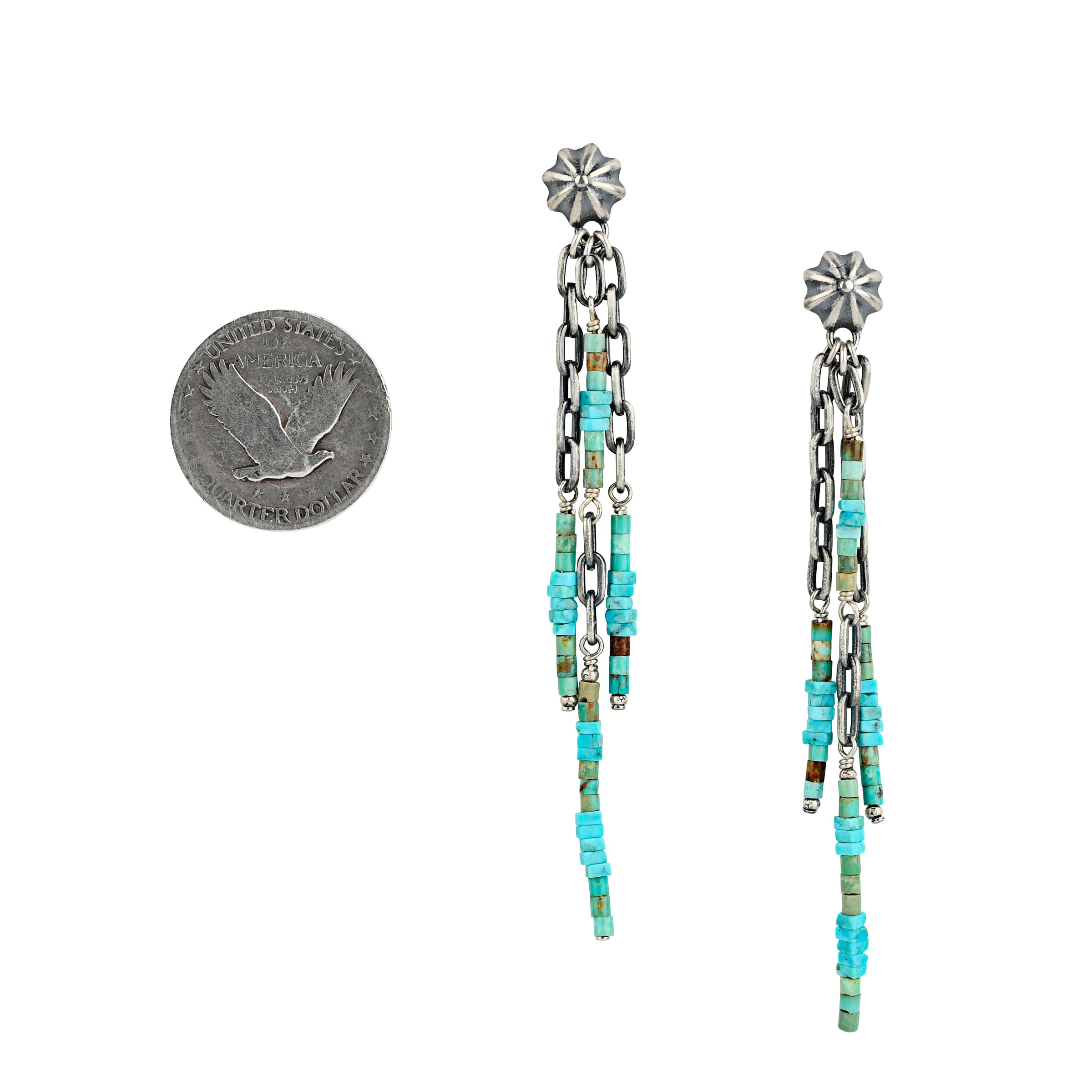 Dangle earrings with turquoise beads, sterling silver conchos and links