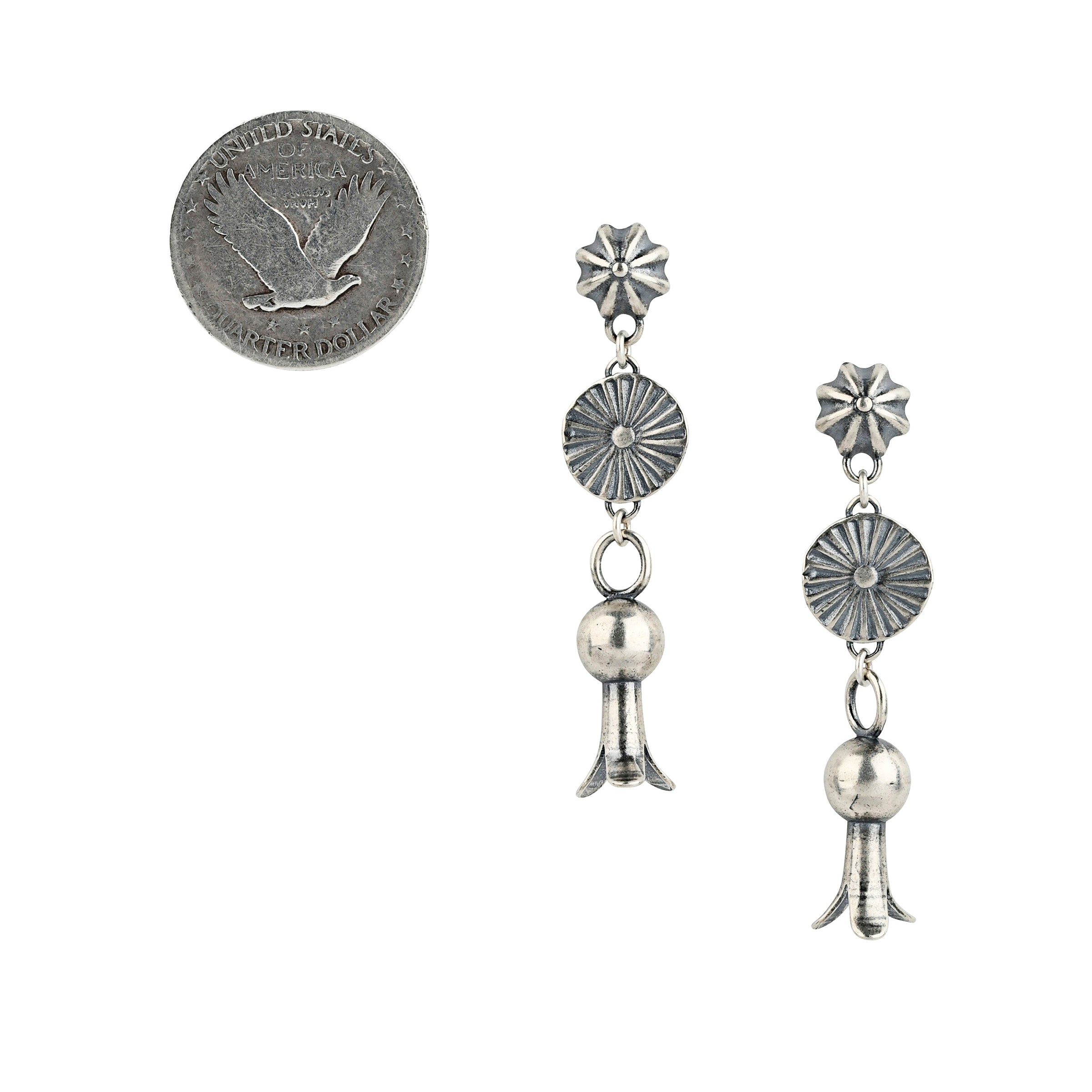 Stud sterling silver earrings with conchos and squash blossoms 