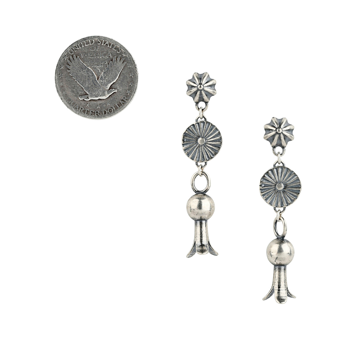 Stud sterling silver earrings with conchos and squash blossoms 