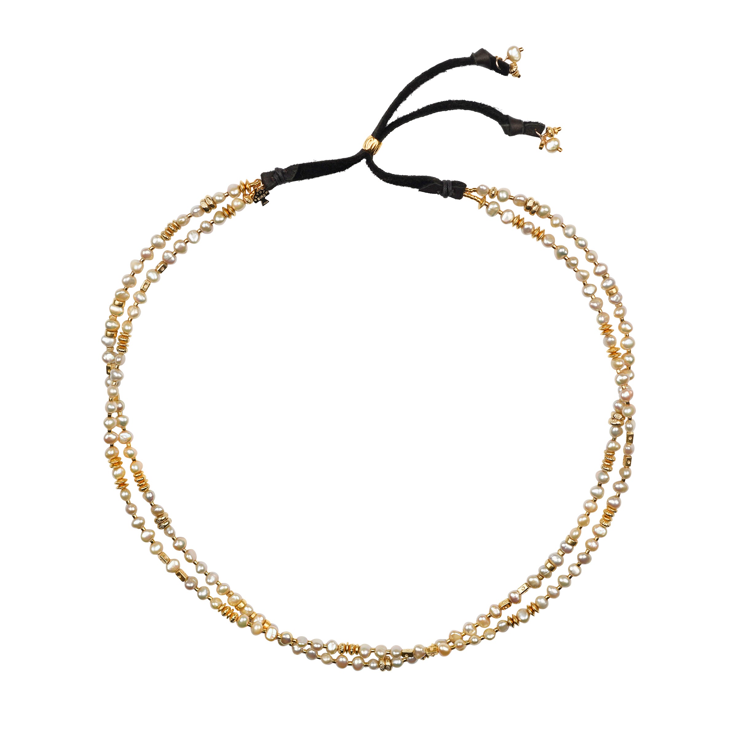 a double strand hatband featuring Champagne Freshwater Pearl and 14k Gold Plated accent beading finished with Mahogany Deerskin Leather with a 14k Gold Plated stamped slider for an adjustable fit.