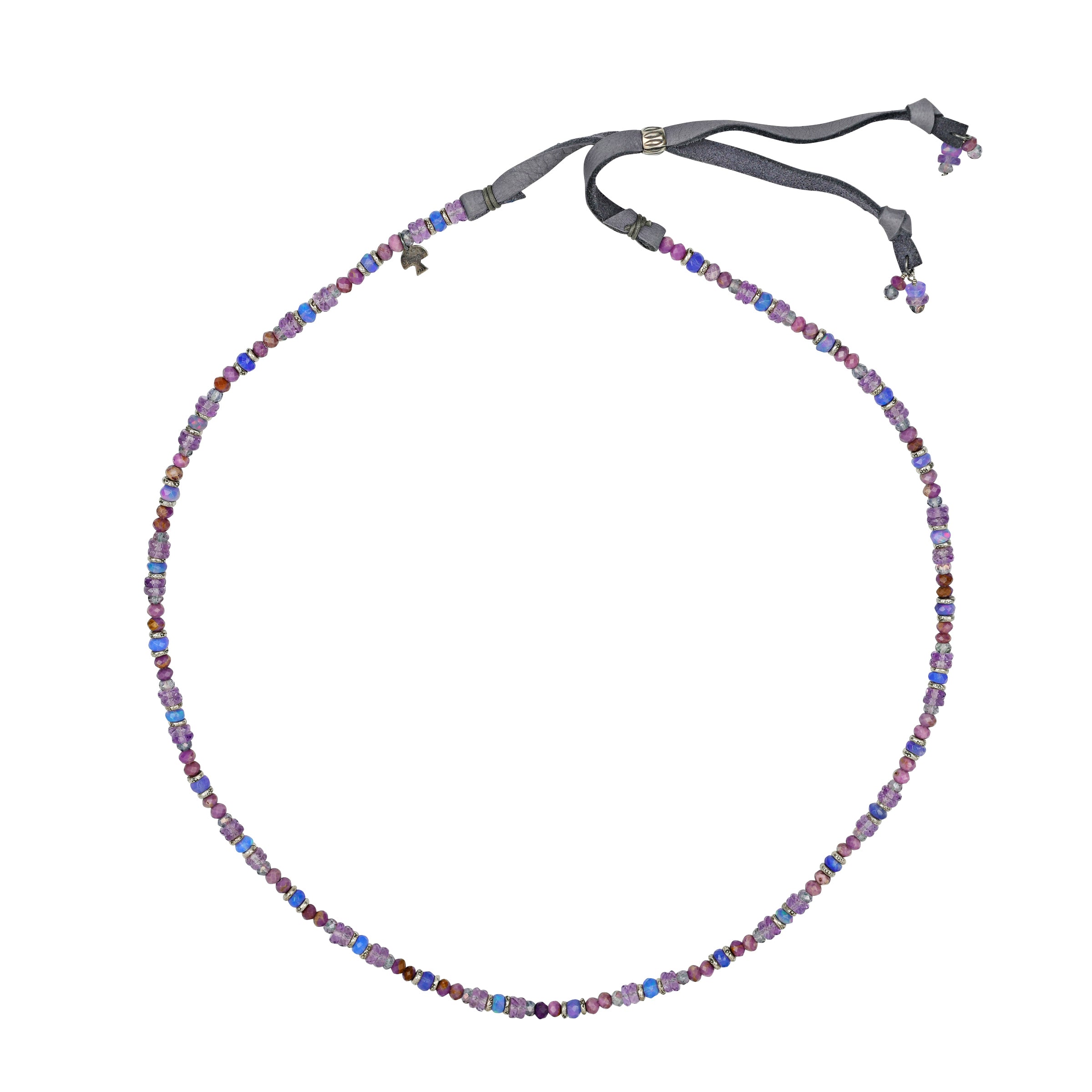 Purple stones with blue pops of color on beaded Hatband with grey leather slider bead closure and charms. 