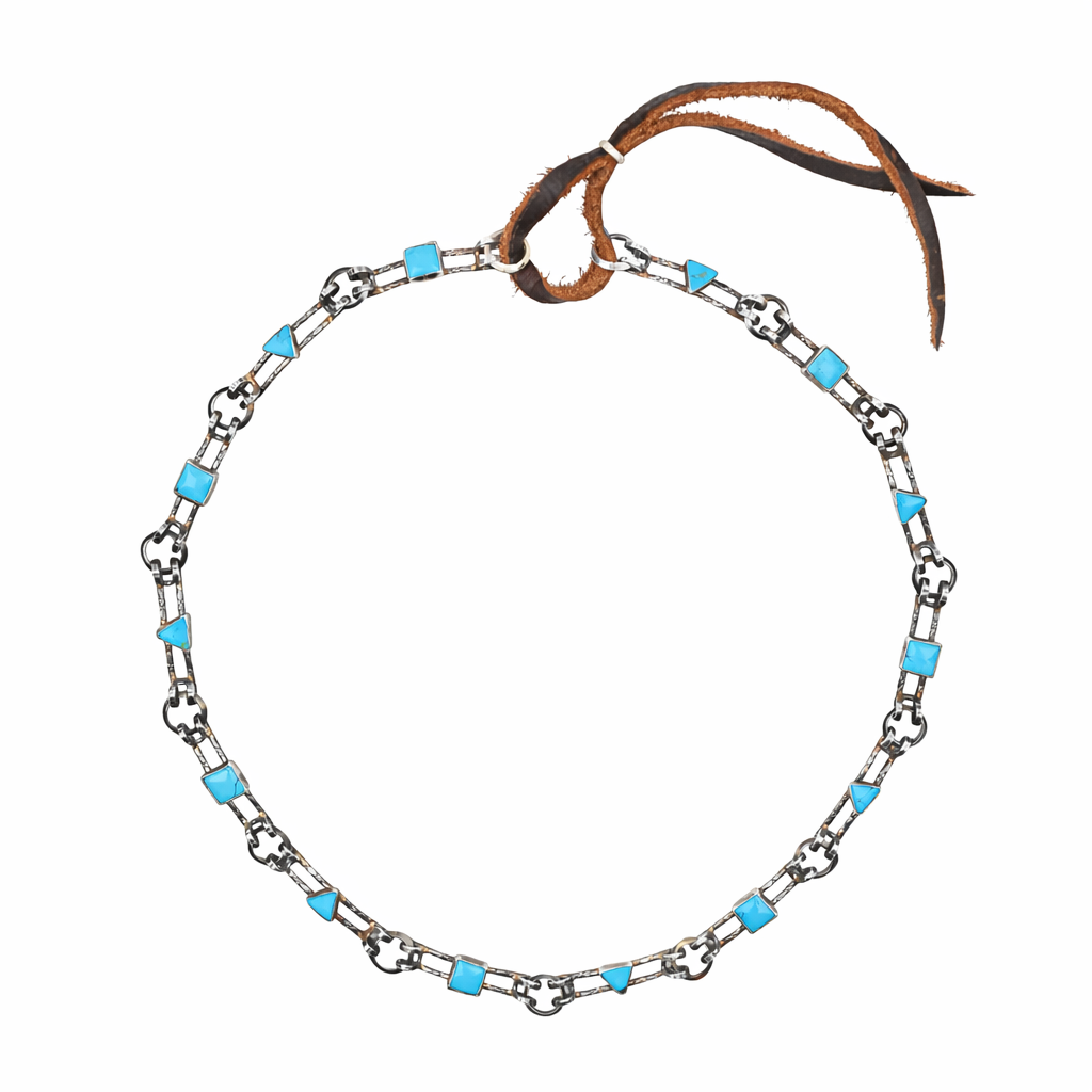 Sterling Silver handmade chain with bright clear turquoise inlay in squares and triangles with leather slider closure hatband. 