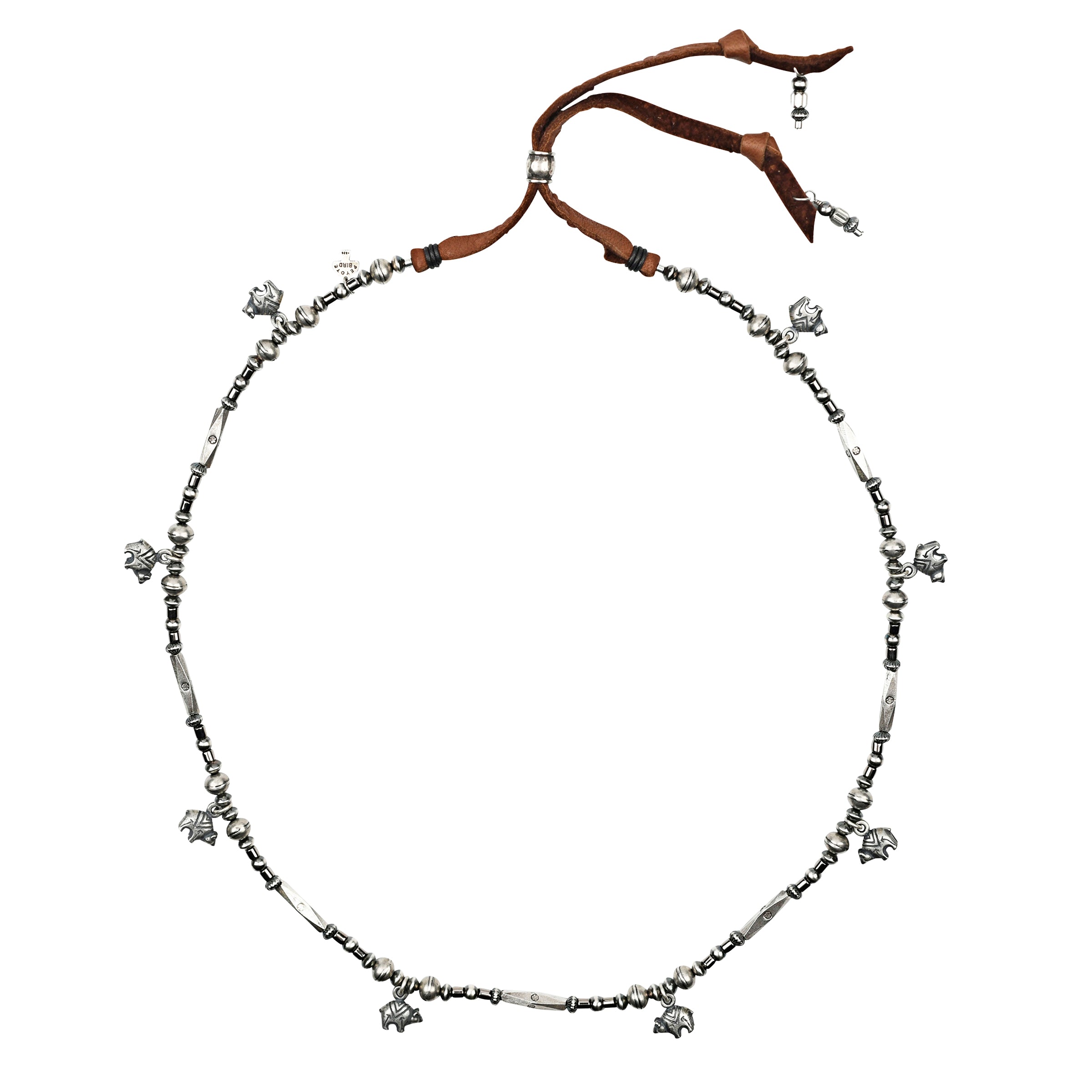 Sterling silver bead mix with bear charms and brown leather slider closure hatband with charms. 