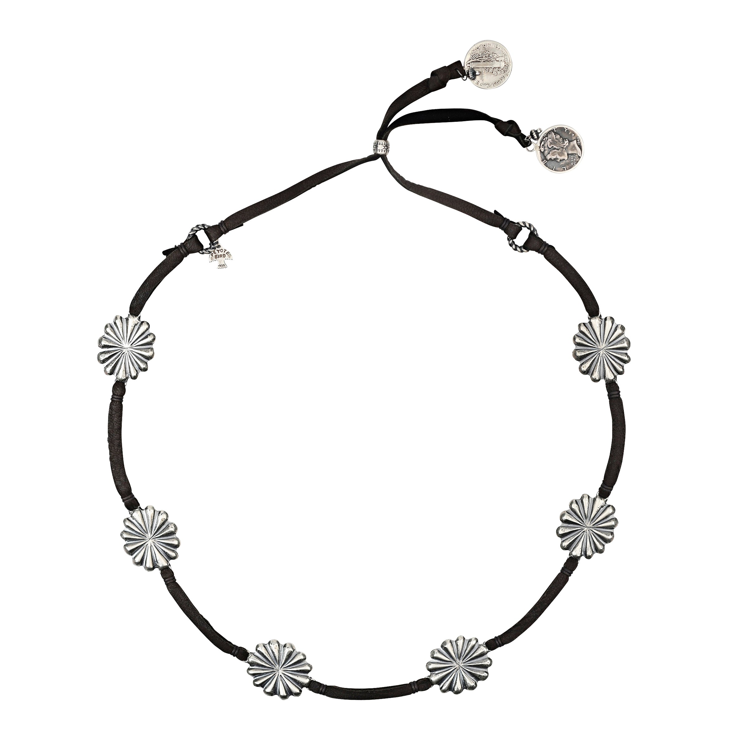 Sterling silver textured concho's on Deerskin leather and coin charms on slider closure hatband. 