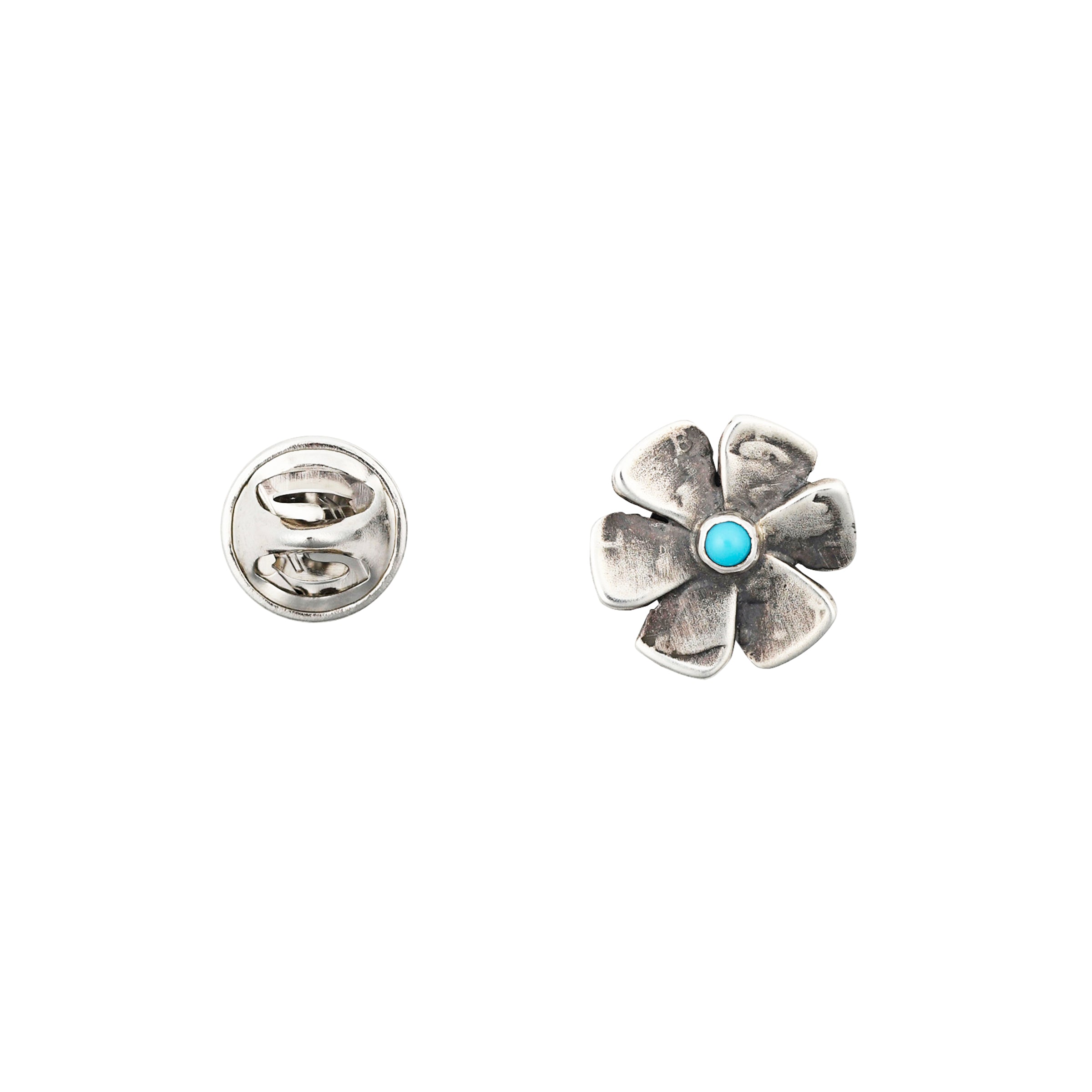 Vintage inspired, Sterling Silver flower pin featuring a design of a Liberty coin and Blue Turquoise.