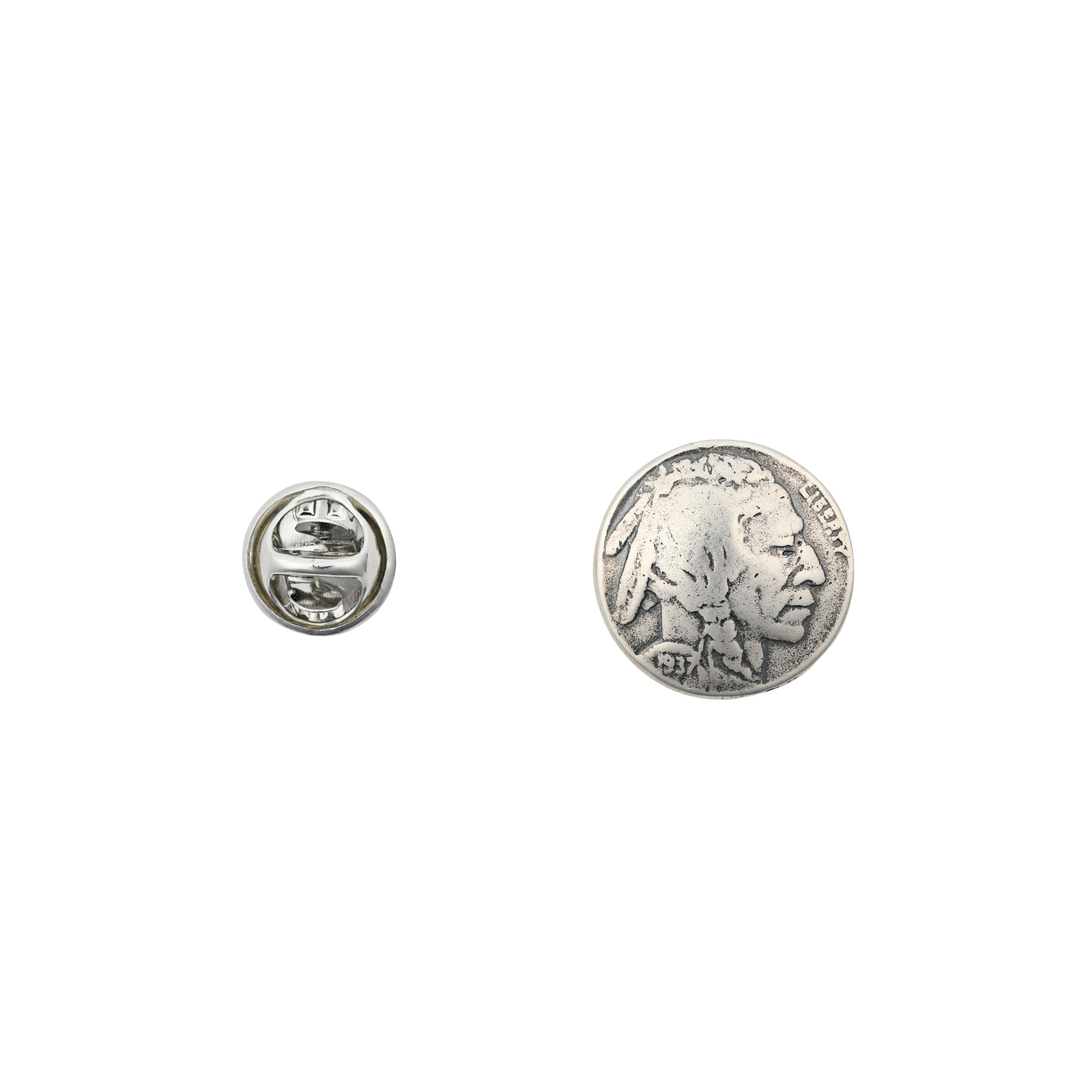 Sterling silver indian head coin pin next to backer. 