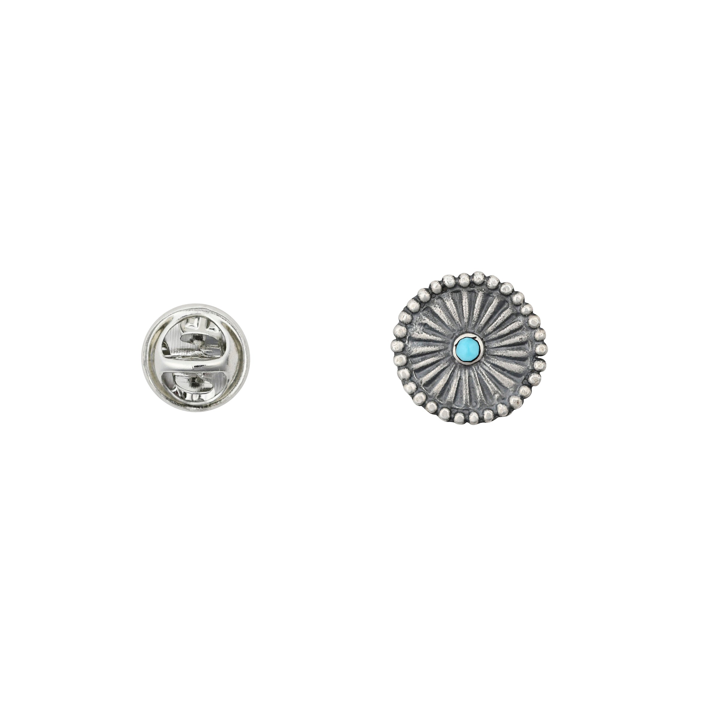 Classic yet refined, this concho motif and blue turquoise pin offers a clean yet rugged accent with a timeless Southwestern feel.