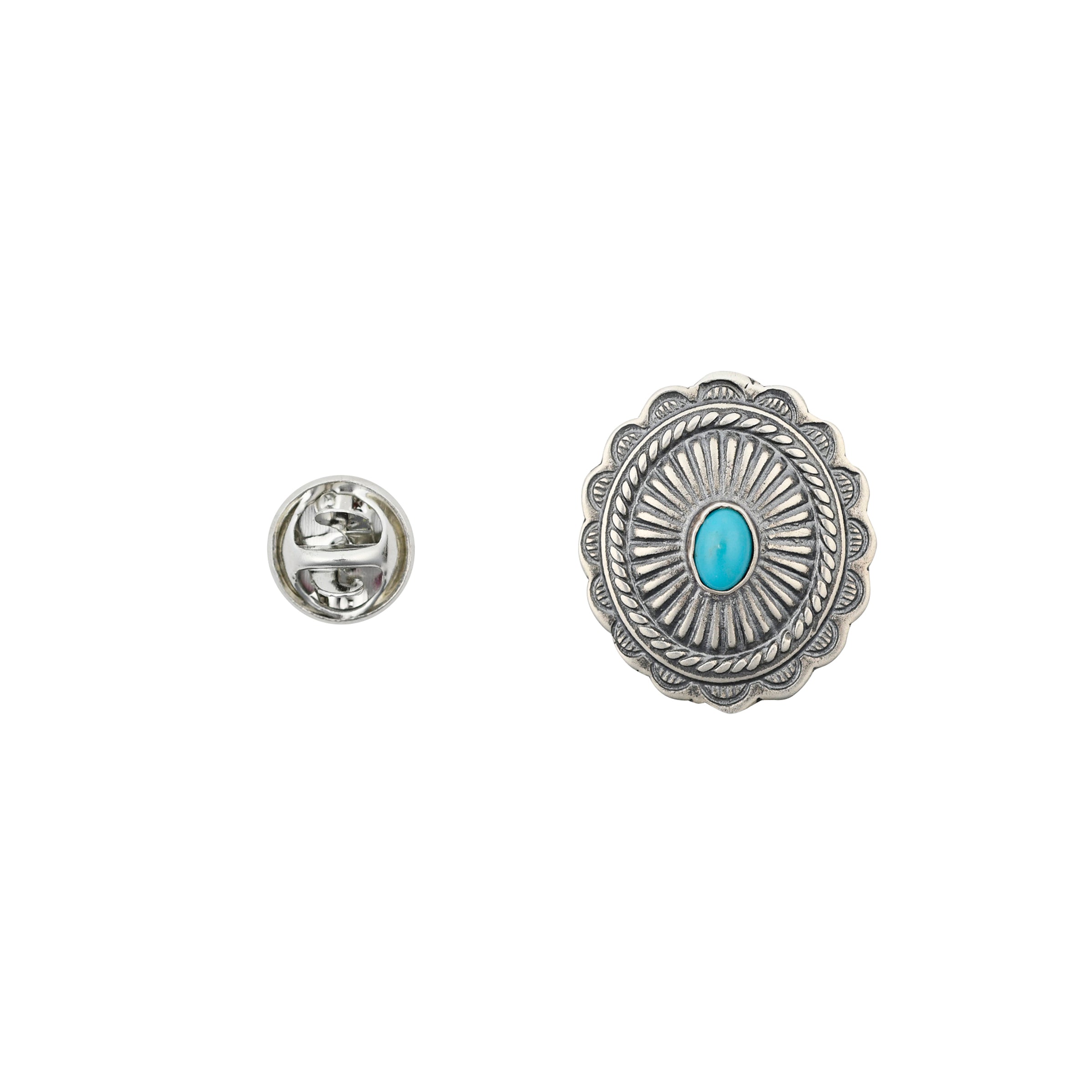 Large oval with detailed stamped sterling silver pin with oval turquoise stone in center pin next to pin back. 