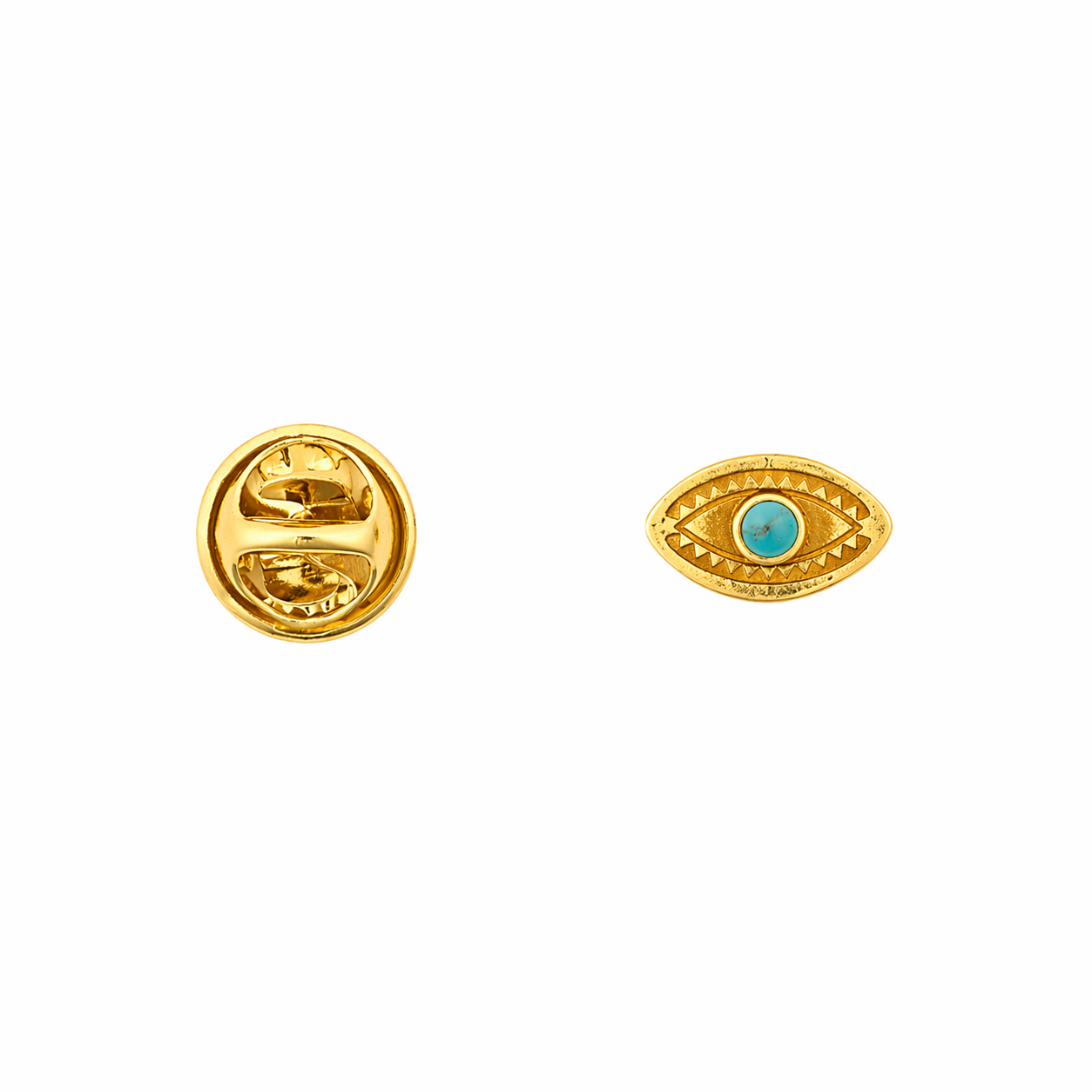14K gold plate eye shaped pin with turquoise "iris" and stamping details next to pinback. 
