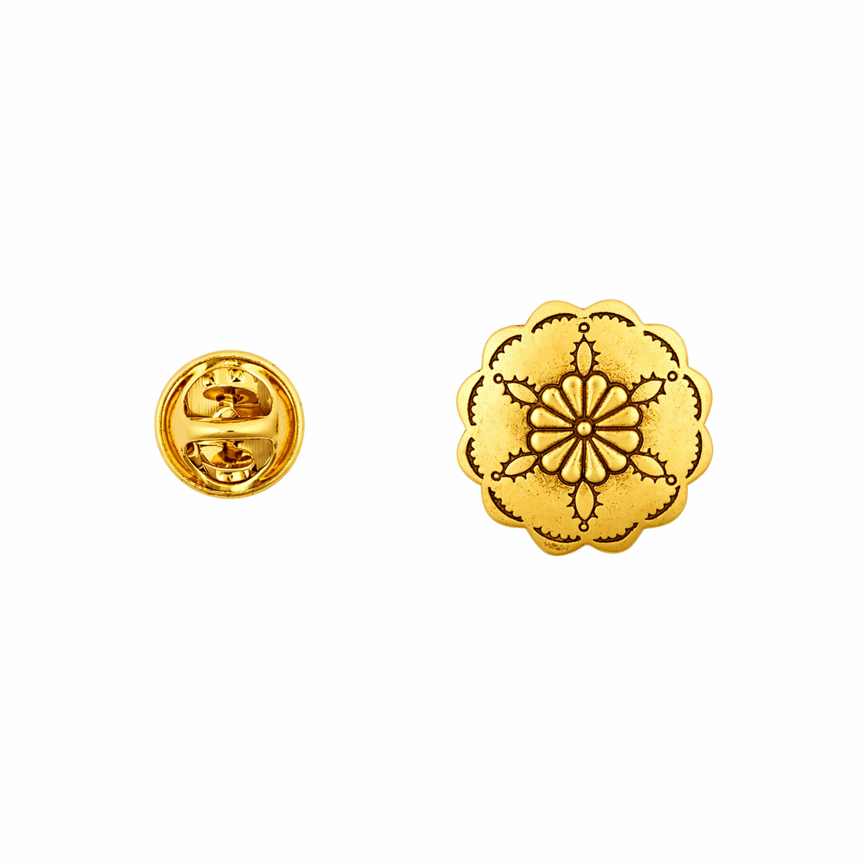 Circular gold plate pin with etching details next to pin back. 