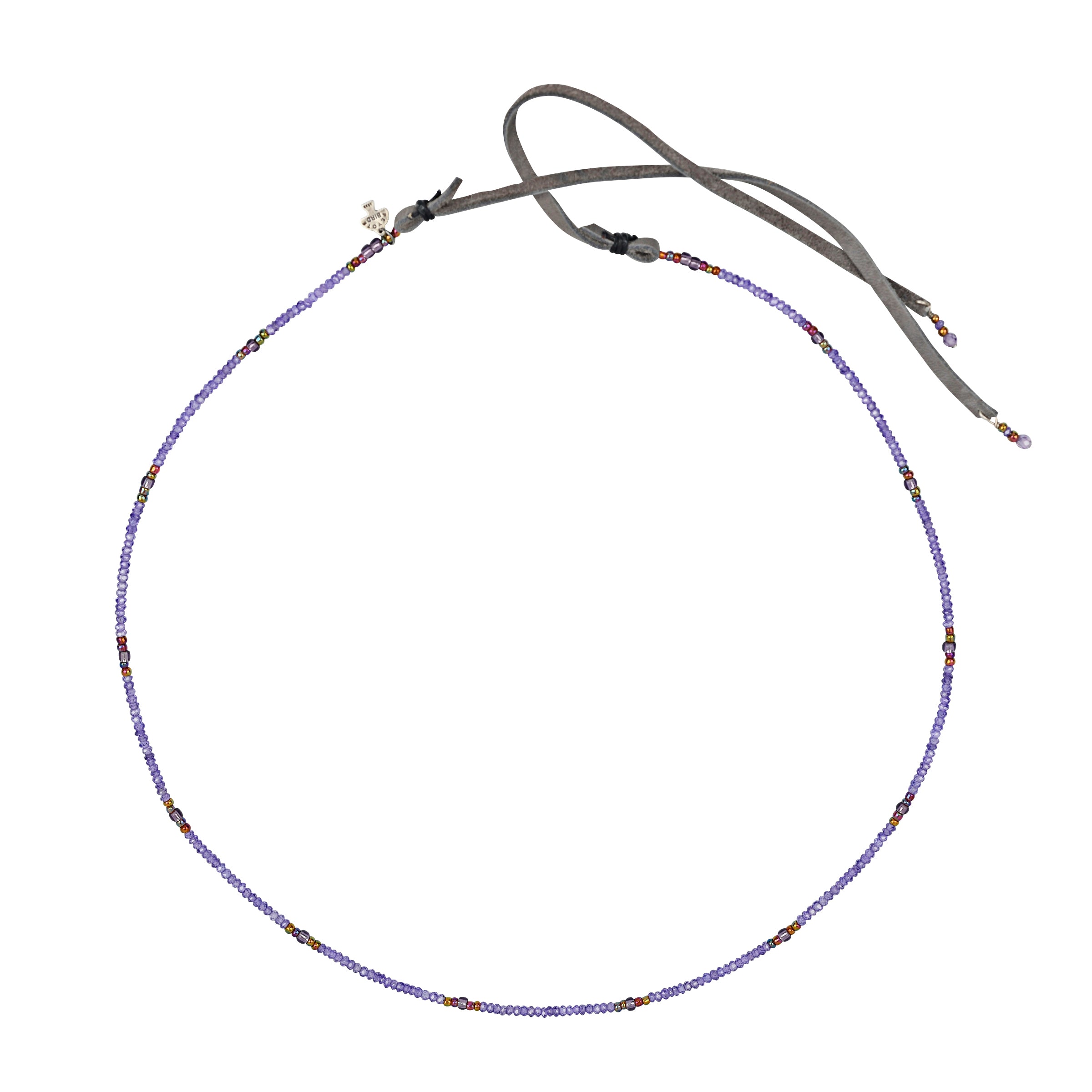 Purple toned beaded hatband with deerskin leather ties and charms at end of leather with peyote bird hangtag