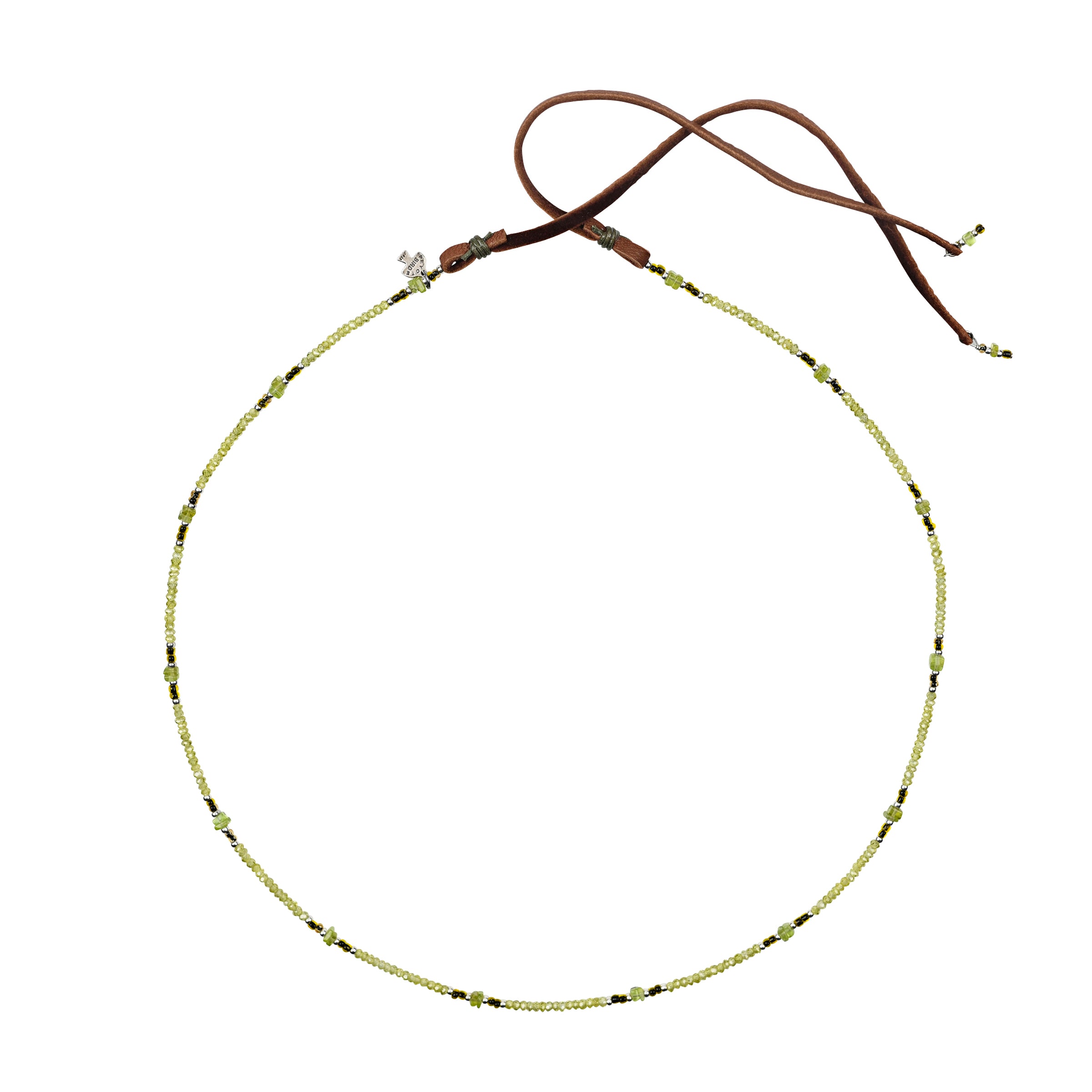 Peridot and Green Zircon with glass mixed together in this beaded hatband with deerskin leather ties and charms at end of leather with peyote bird hangtag