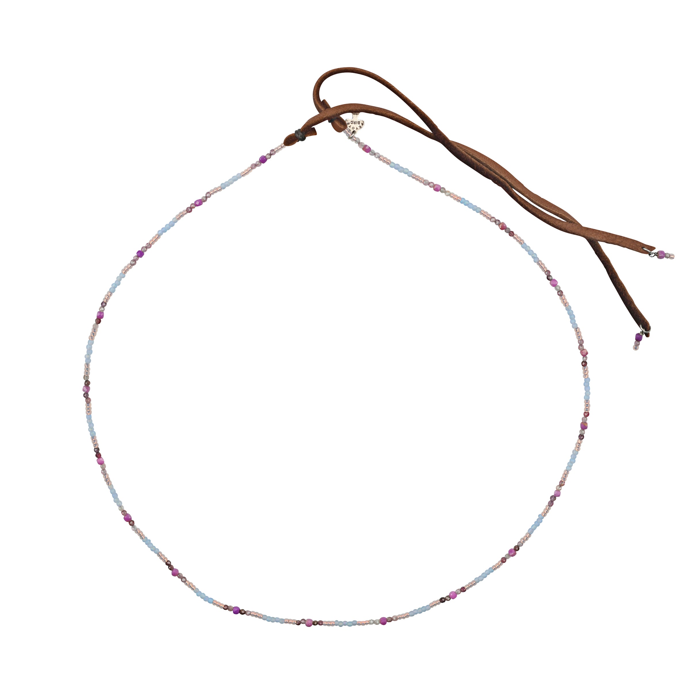 Phosphosiderite, Spinel, and glass mixed beaded hatband with deerskin leather ties and charms at end of leather with peyote bird hangtag