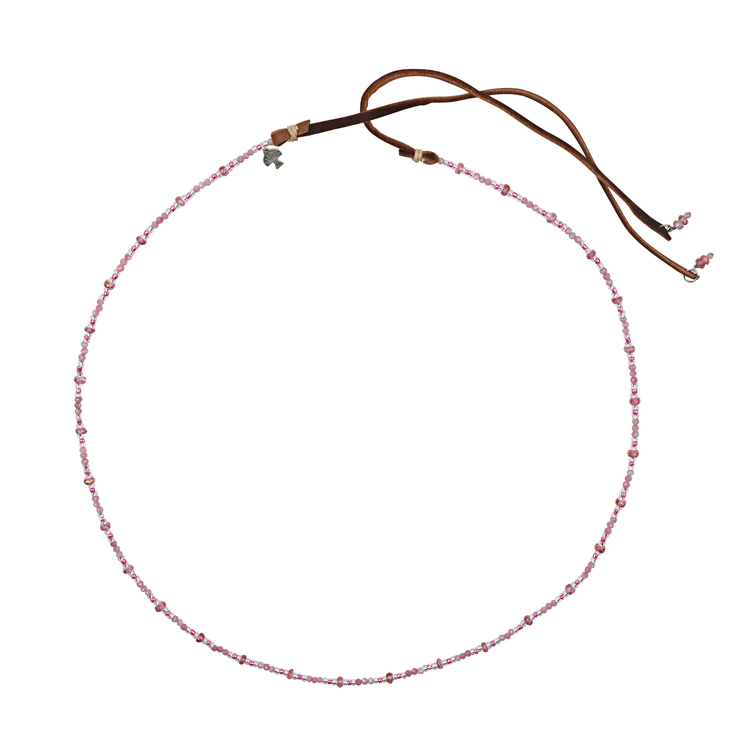 Pink Tourmaline and Tourmaline with glass seed beads mixed together in this beaded hatband with deerskin leather ties and charms at end of leather with peyote bird hangtag