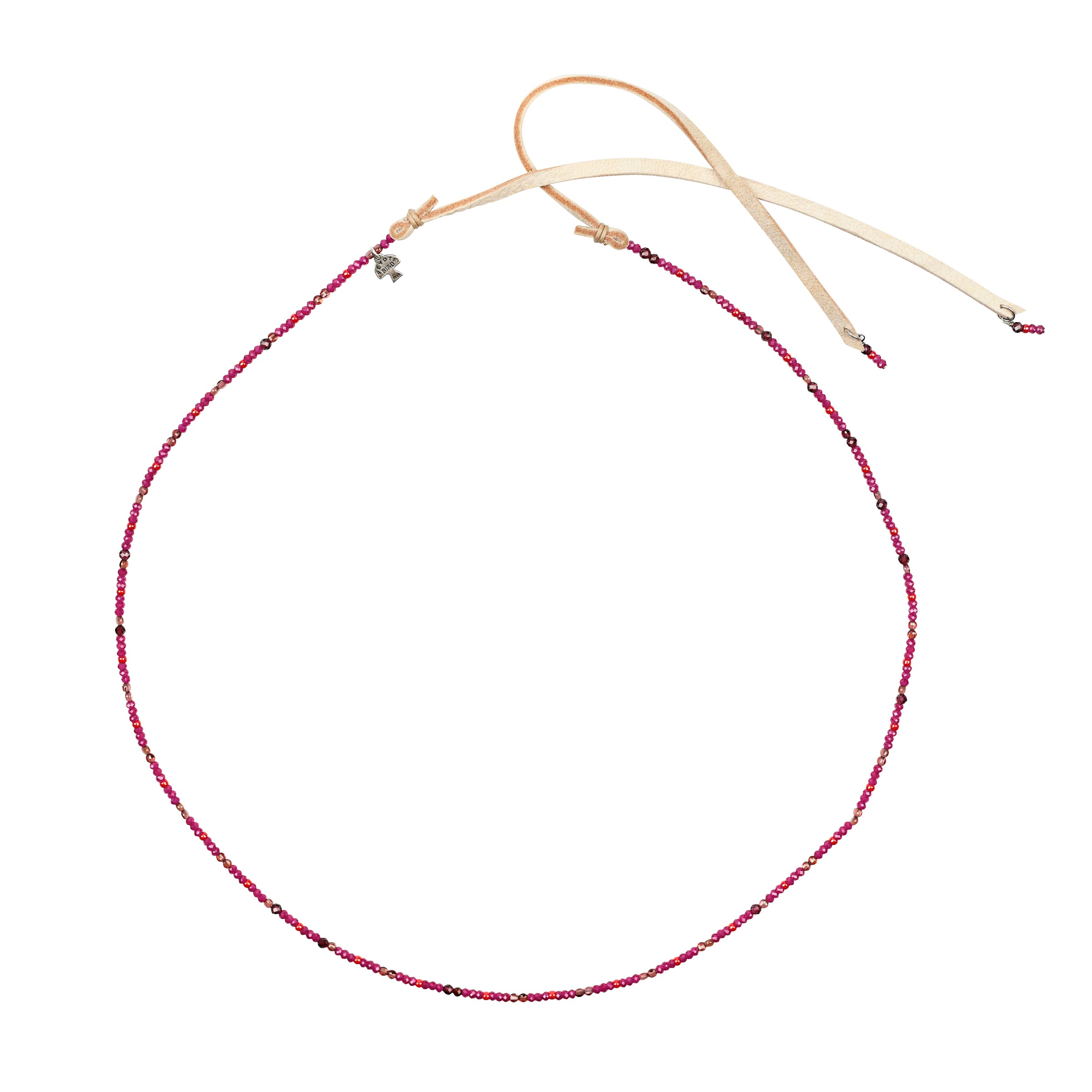 Red toned beaded hatband with garnet and ruby with deerskin leather ties and charms at end of leather with peyote bird hangtag