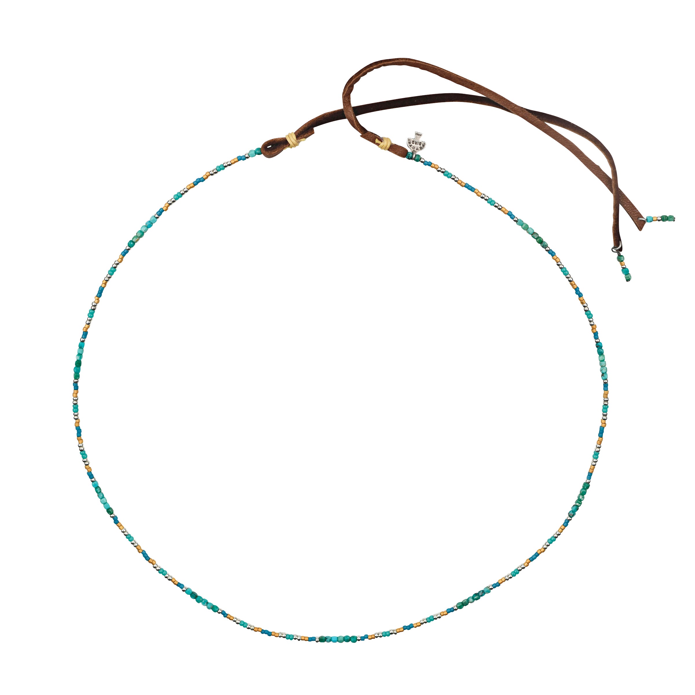 Turquoise with gold accents beaded hatband with deerskin leather ties and charms at end of leather with peyote bird hangtag