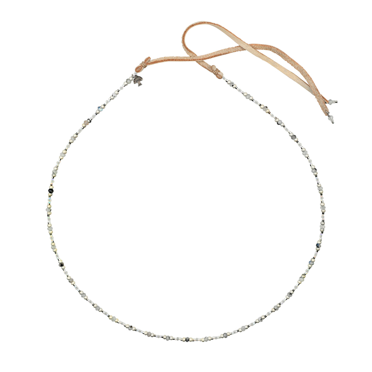 Moonstone and glass mixed beaded hatband with deerskin leather ties and charms at end of leather with peyote bird hangtag