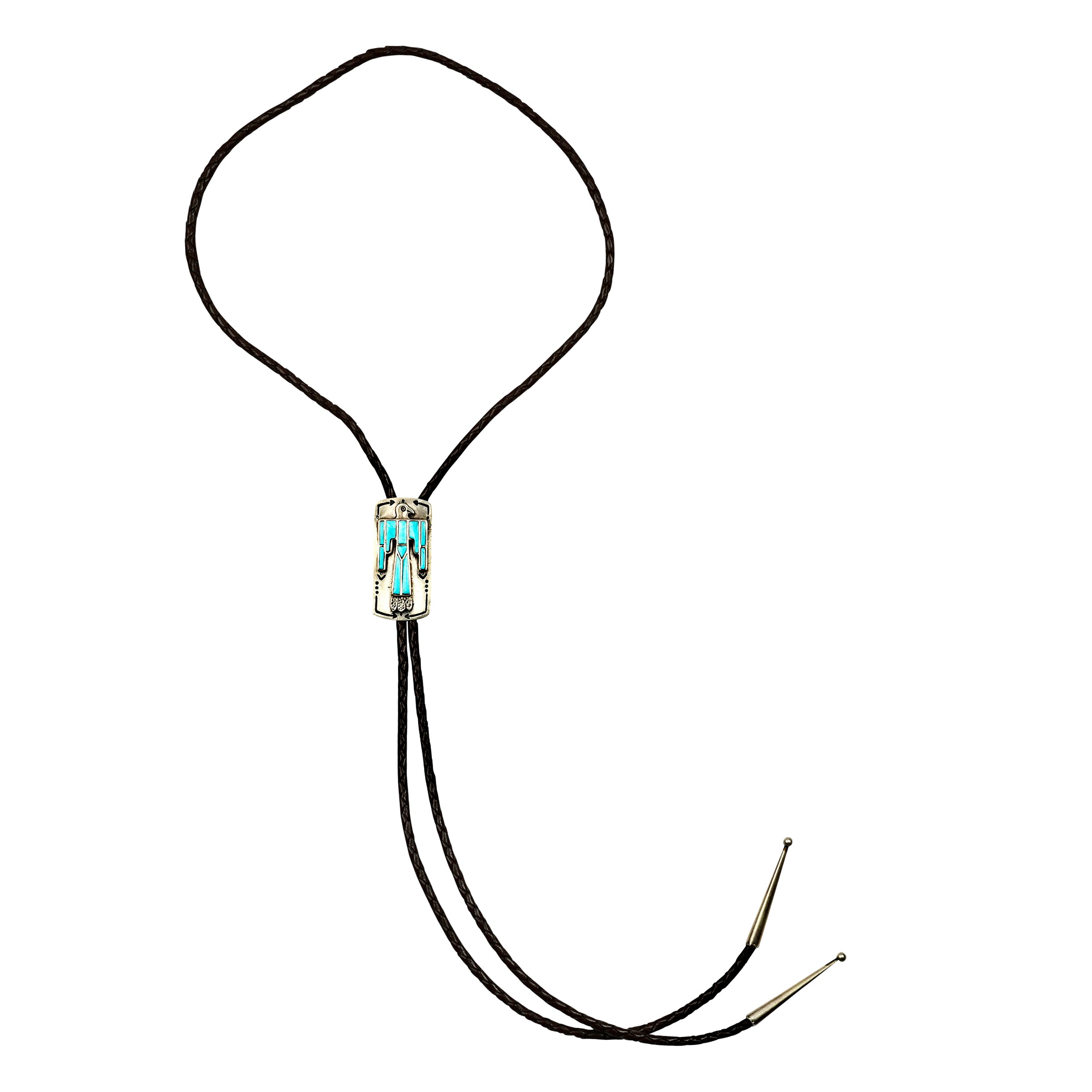 peyote bird handmade turquoise and sterling silver bolo on leather 