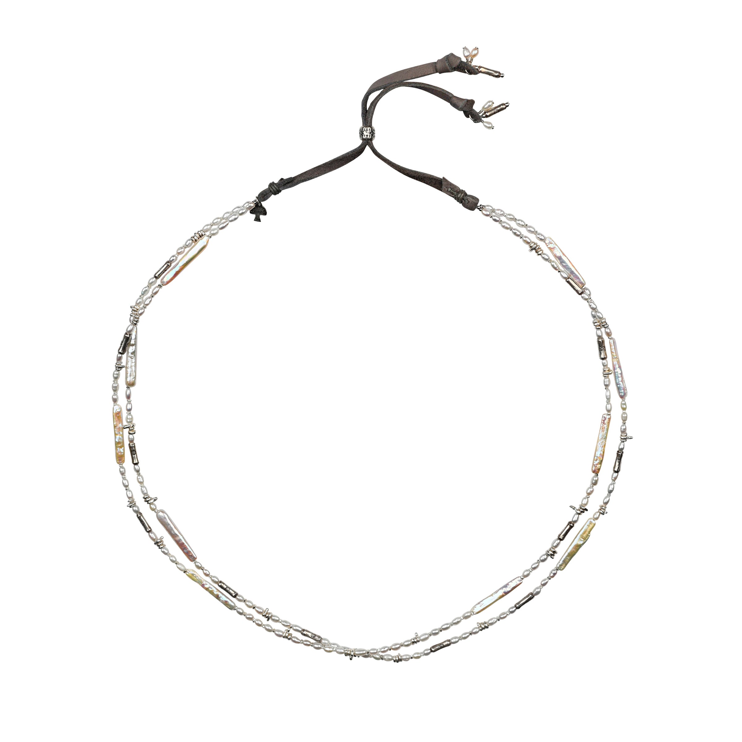 Hatband featuring two strands of Freshwater Pearl and stamped Thai Sterling Silver accent beading finished with grey deerskin leather and a Sterling Silver stamped slider for an adjustable fit. Can also be worn as a necklace!