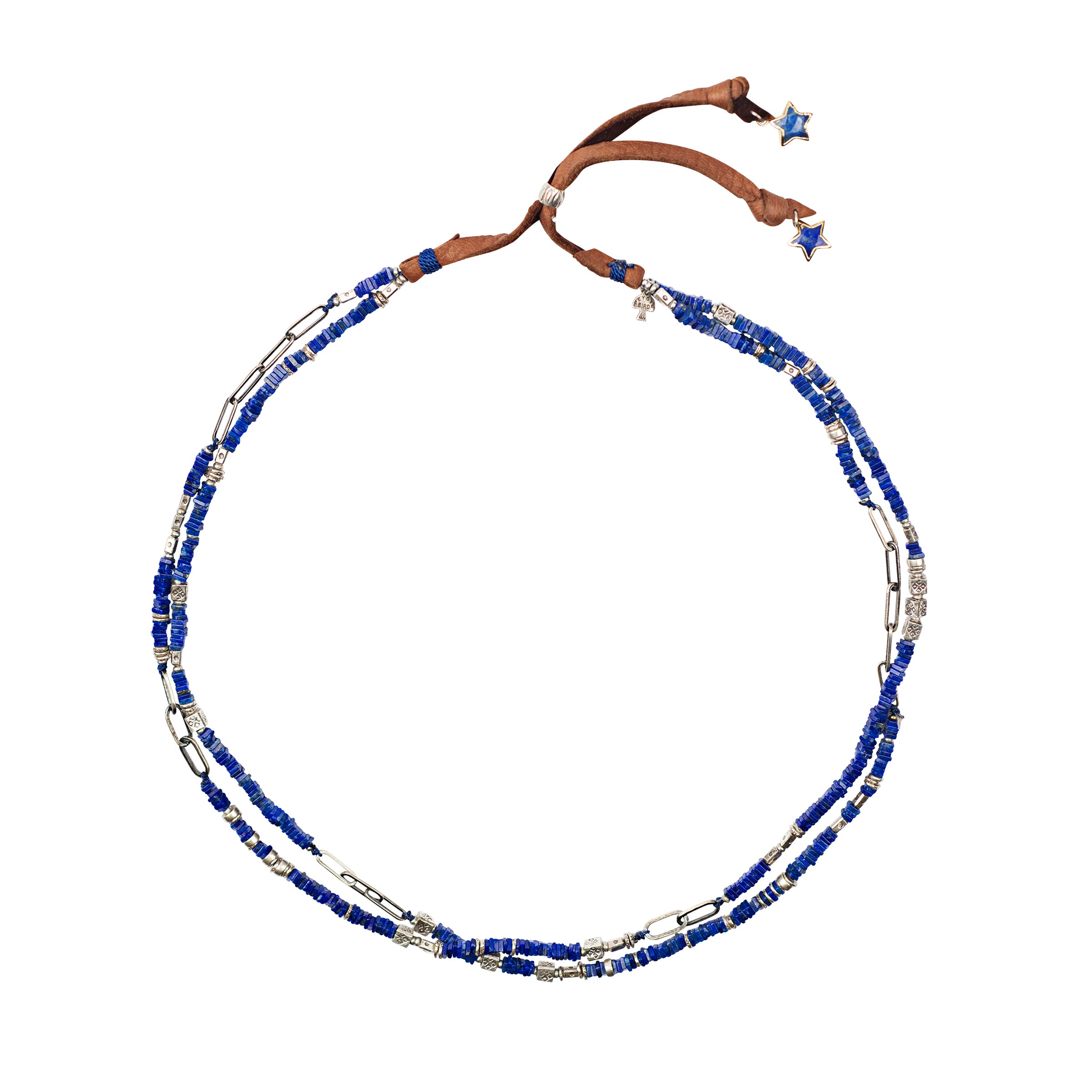 Two strand hatband with sterling silver beads  and chains mixed in with Lapis beads and brown deerskin leather slider bead closure with star Lapis charms. 