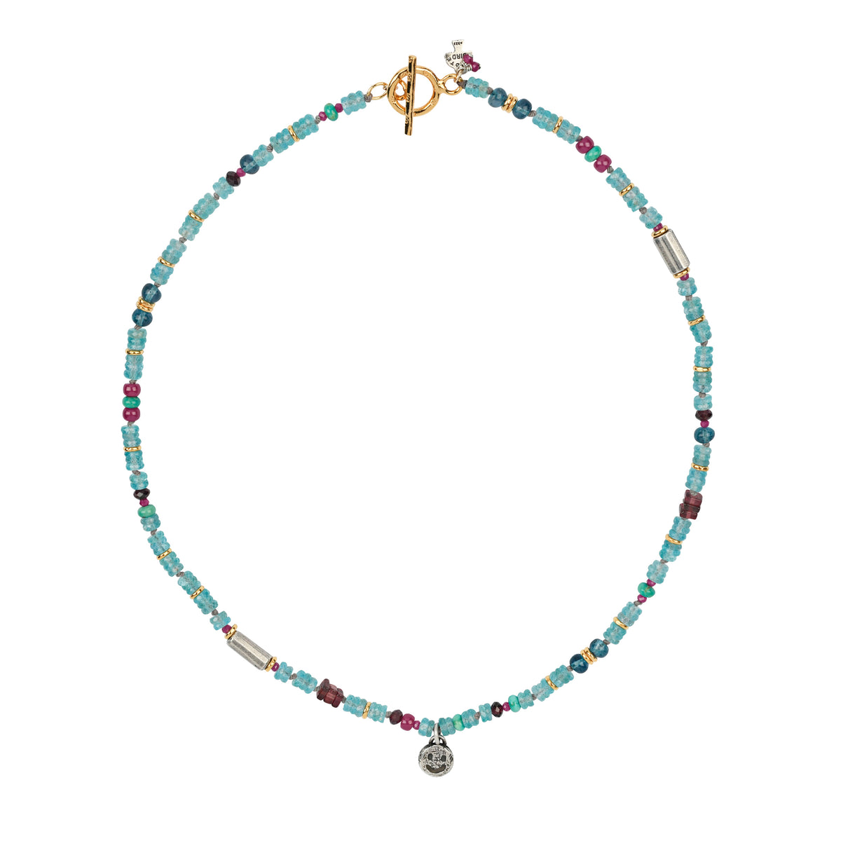 Beaded necklace with semi-precious stone beads and both sterling silver and gold plated features. 