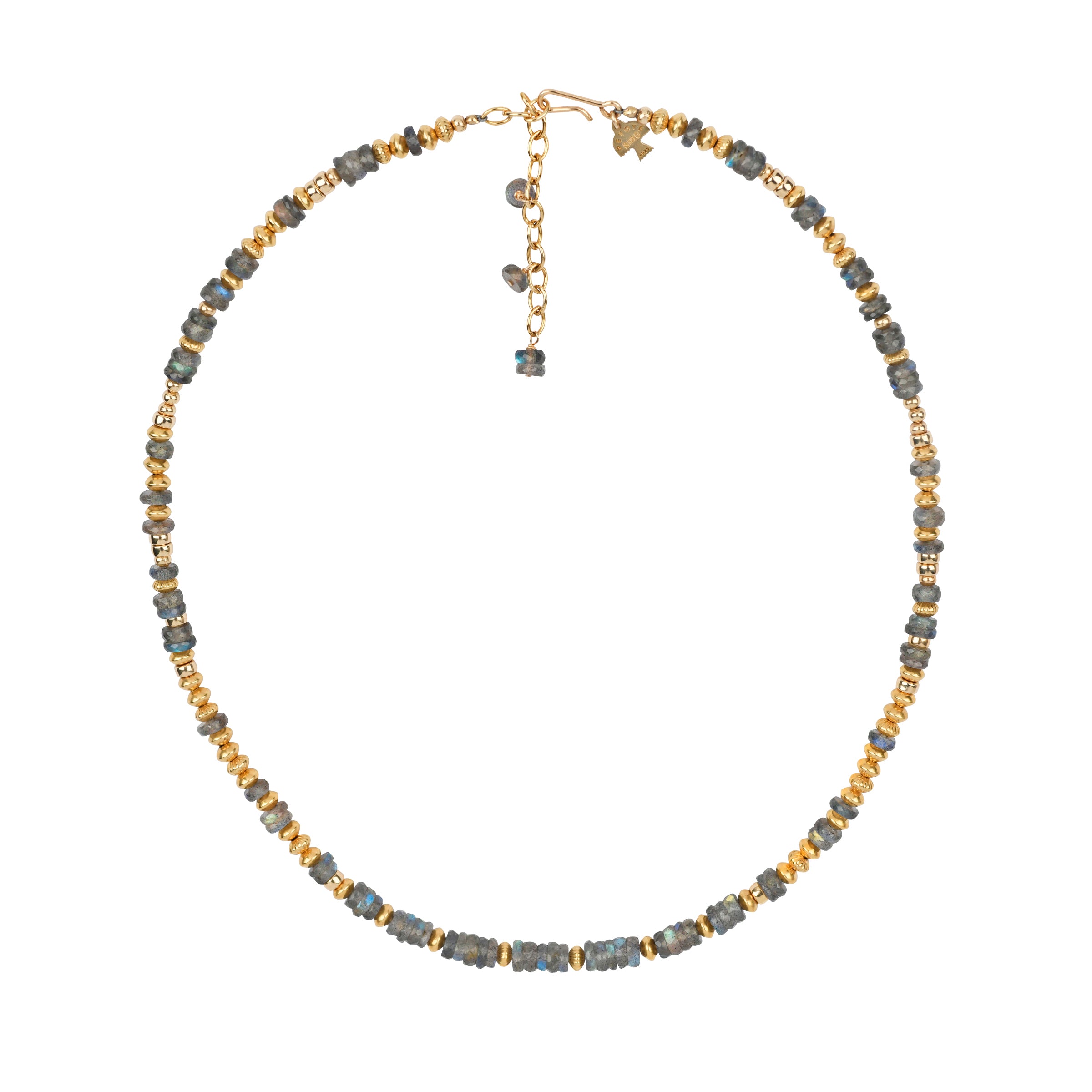 The Ember Necklace is a strong piece strung with beads of Labradorite and 14k Gold Plate accent beading. The Labradorite in this necklace is vibrant and has a stormy, fiery vibe. 