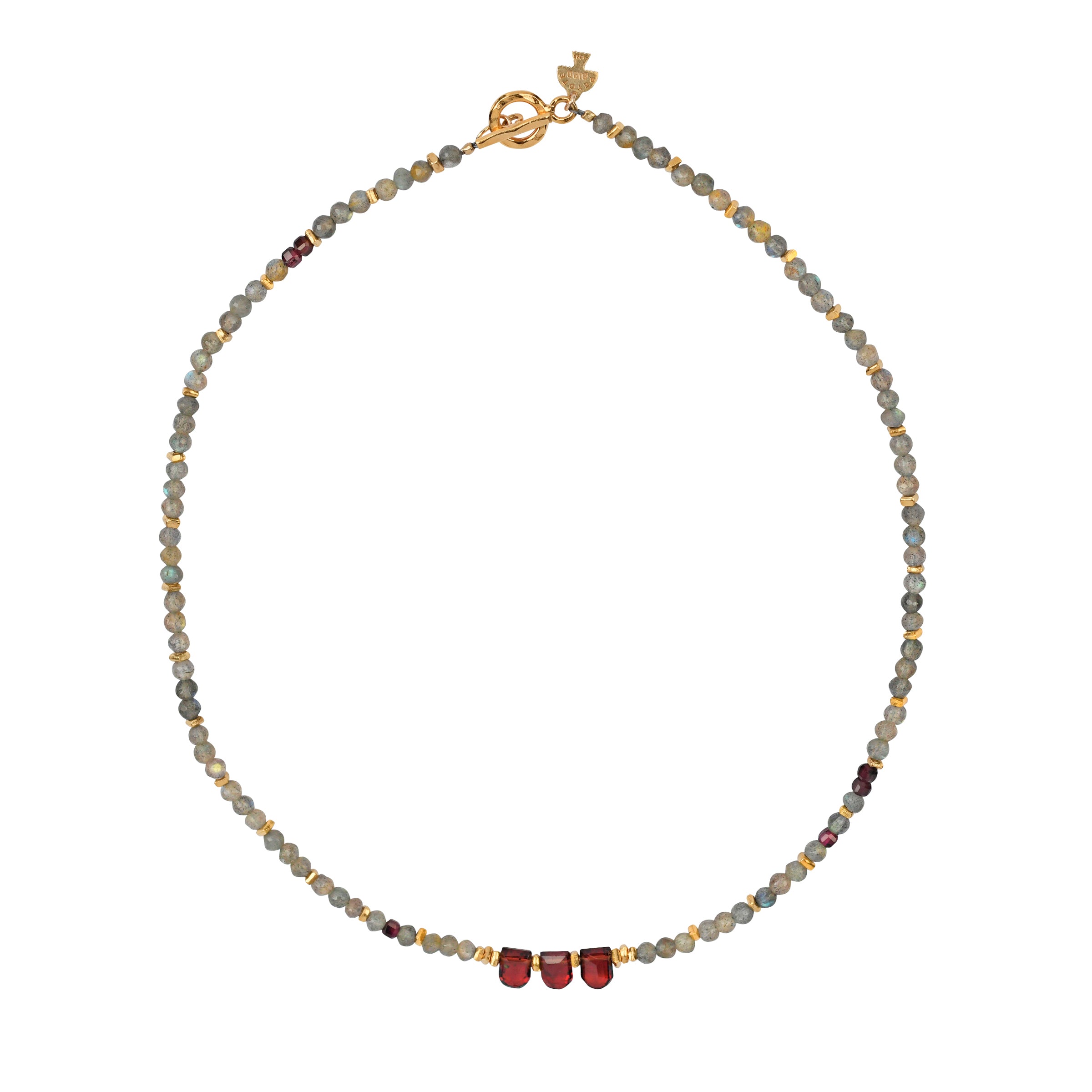 A Peyote Bird Original beaded necklace strung with Labradorite and 14k Gold Plate accent beading accompanied by 3 high quality tabs of Garnets as the centerpiece.